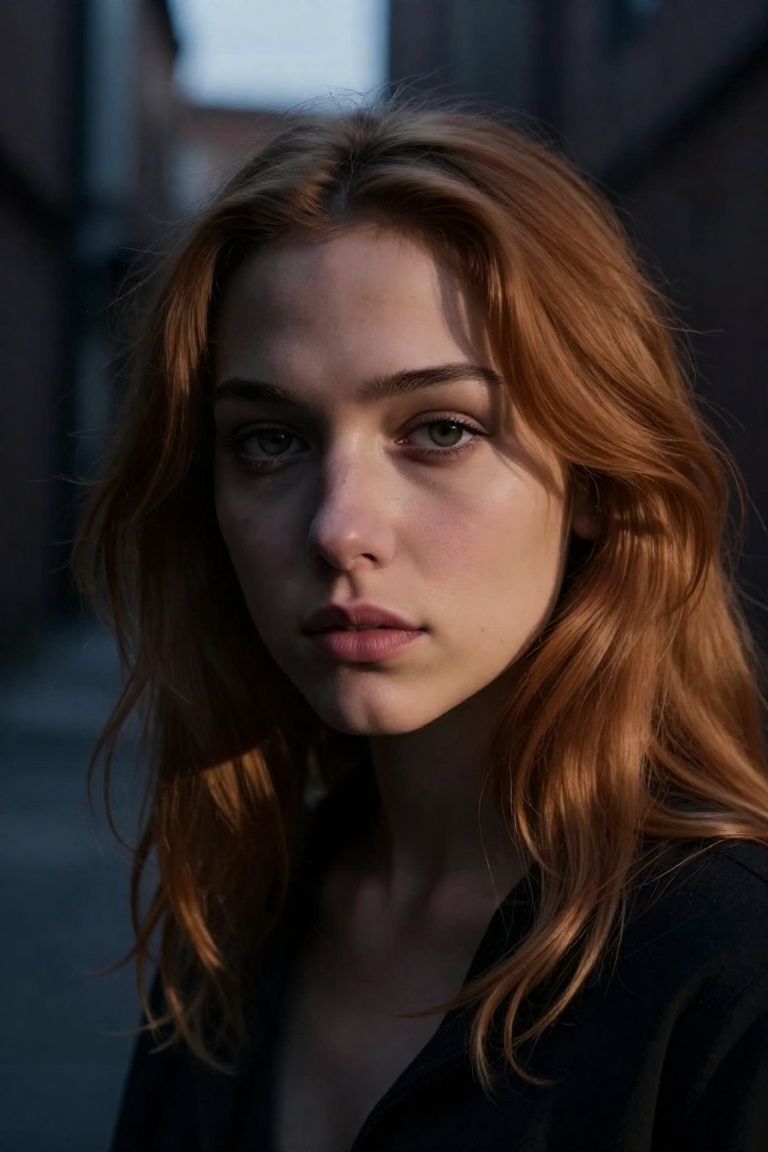 Create a portrait of a young woman with amber hair,  capturing her intense and complex expression. The background should b...