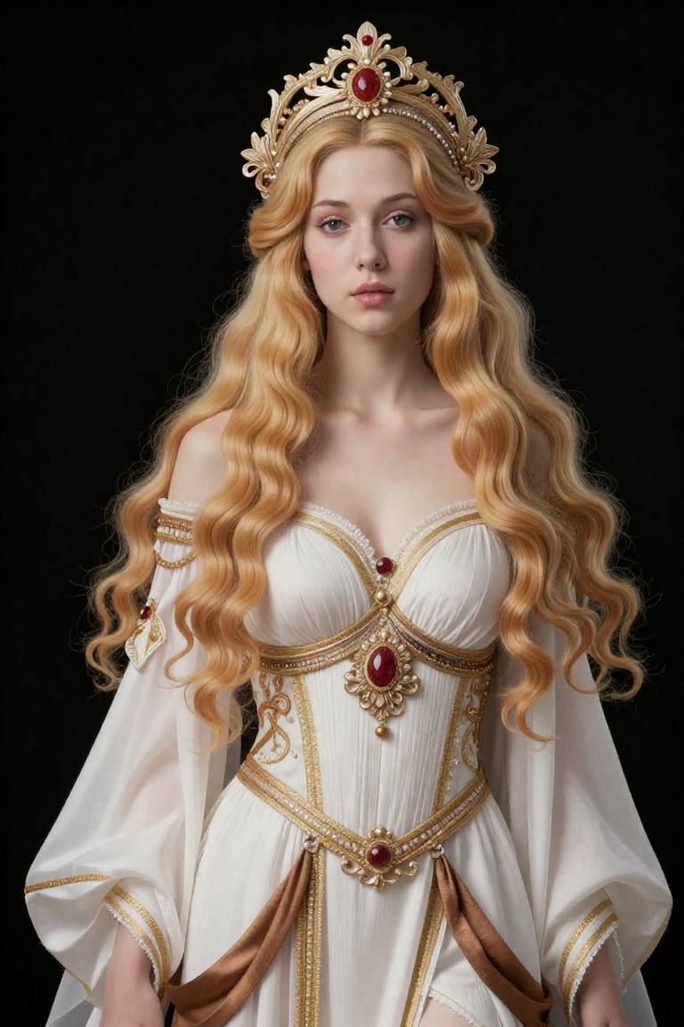 The image depicts a highly detailed and ornate photograph of a woman. She has long,  wavy,  Strawberry blonde hair that ca...