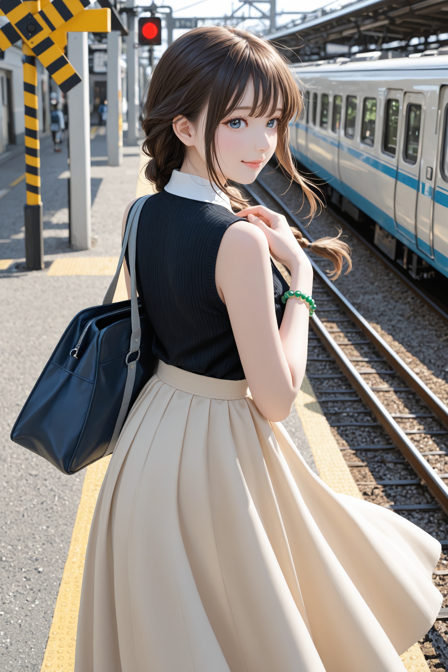 Standing in front of a railway crossing where sunlight falls,  her posture is light and elegant. She is wearing a black sl...