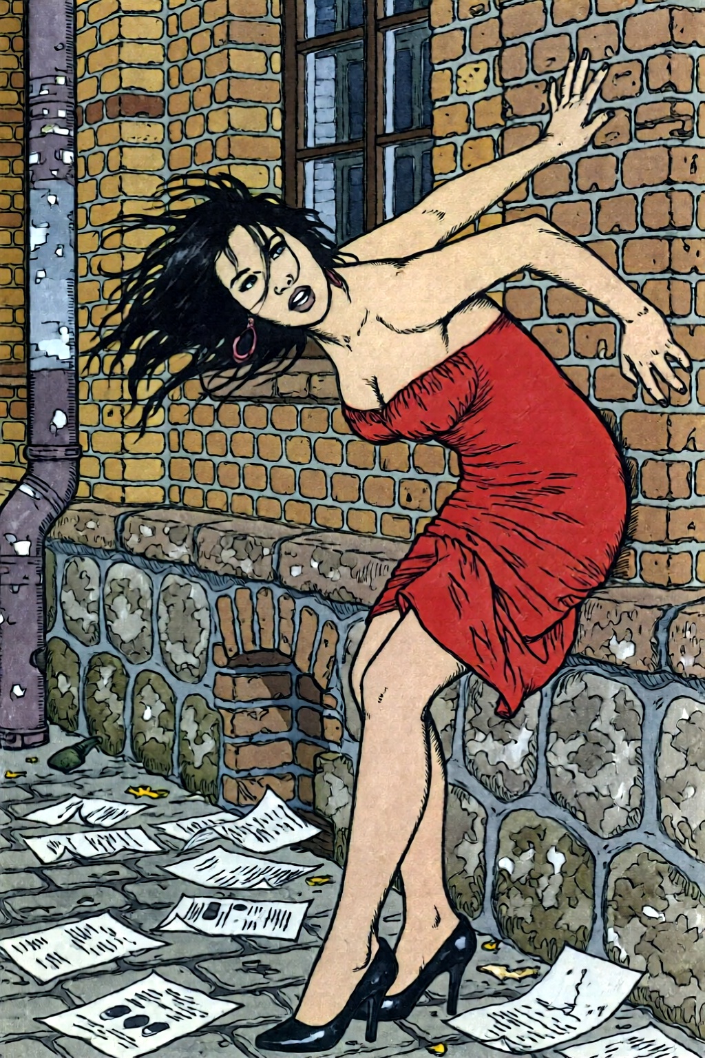 ivanbilibin6q illustration. A woman leaning against a brick wall,  set in an urban environment. She has long black hair fl...