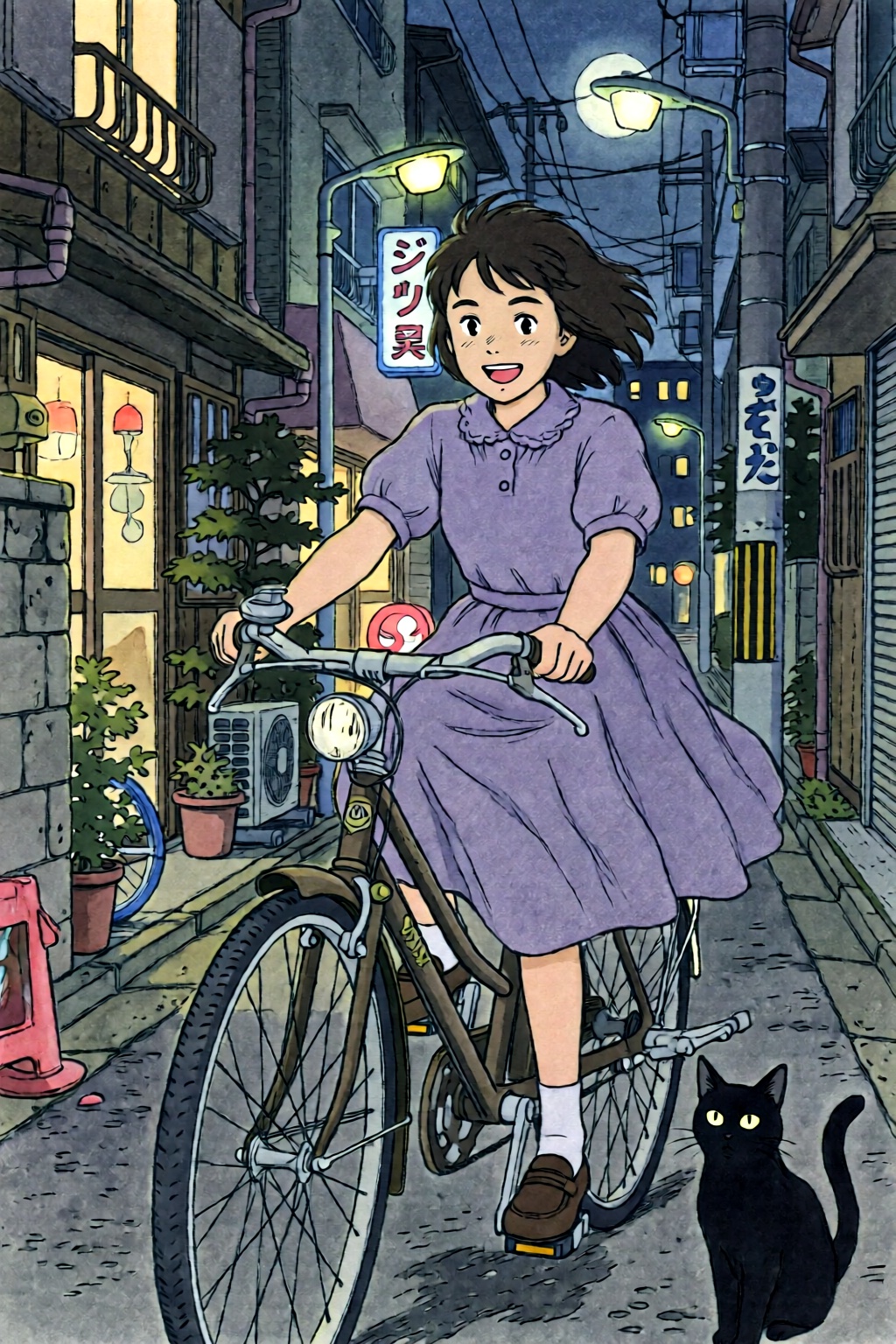 ivanbilibin6q illustration. A Japanese school girl riding a old style bicycle through a narrow,  quiet street at night. Th...