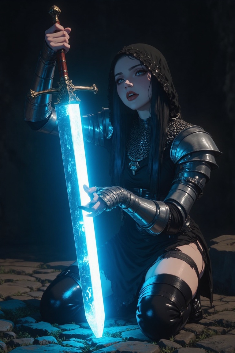 dramatic dark fantasy nighttime portrait of a stunning young woman with long straight jet-black hair partially covered by...