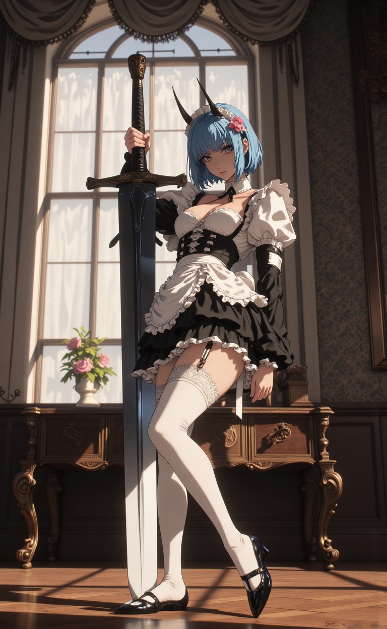 Hyperrealistic cinematic photograph in ultra detail,  masterpiece,  exact cosplay of Rem from Re:Zero: young woman with sh...