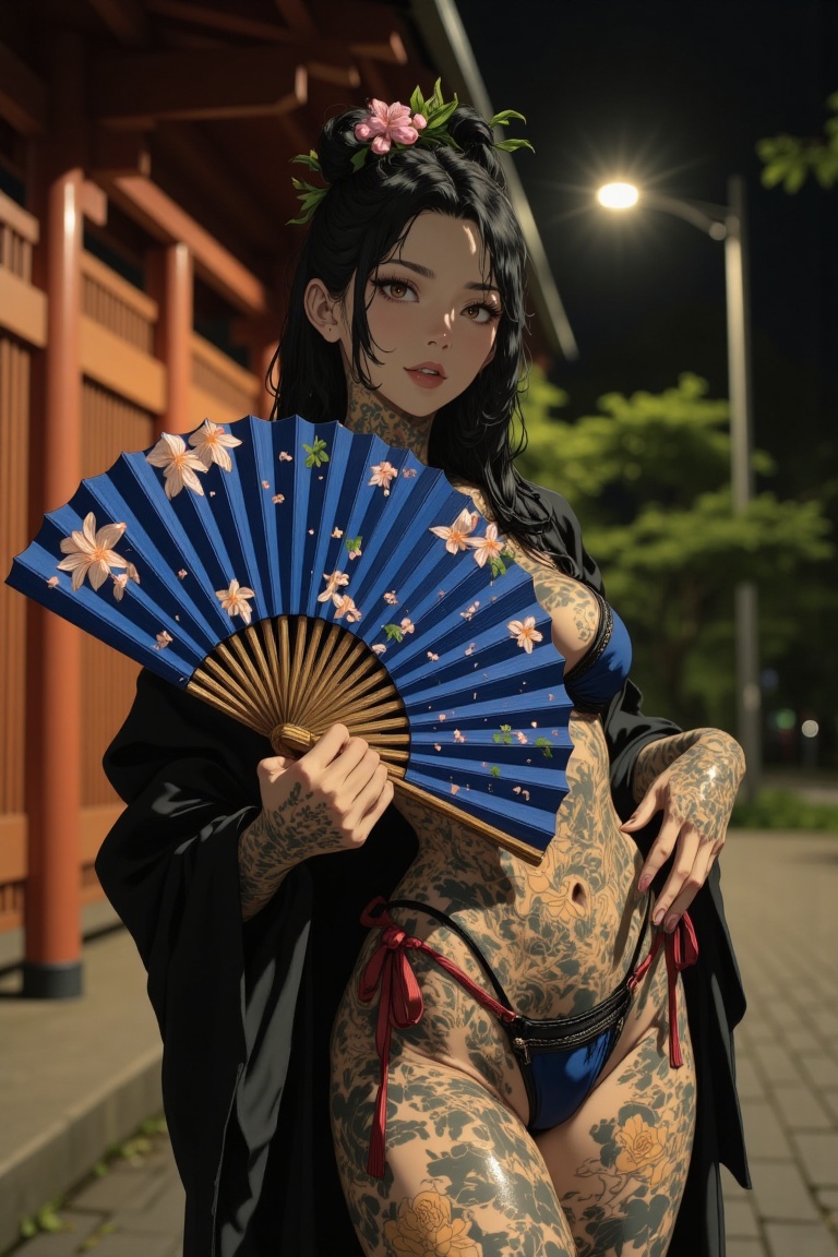 nighttime urban portrait of a stunning 23-year-old beautiful Japanese woman,  long dark hair in elegant messy updo adorned...