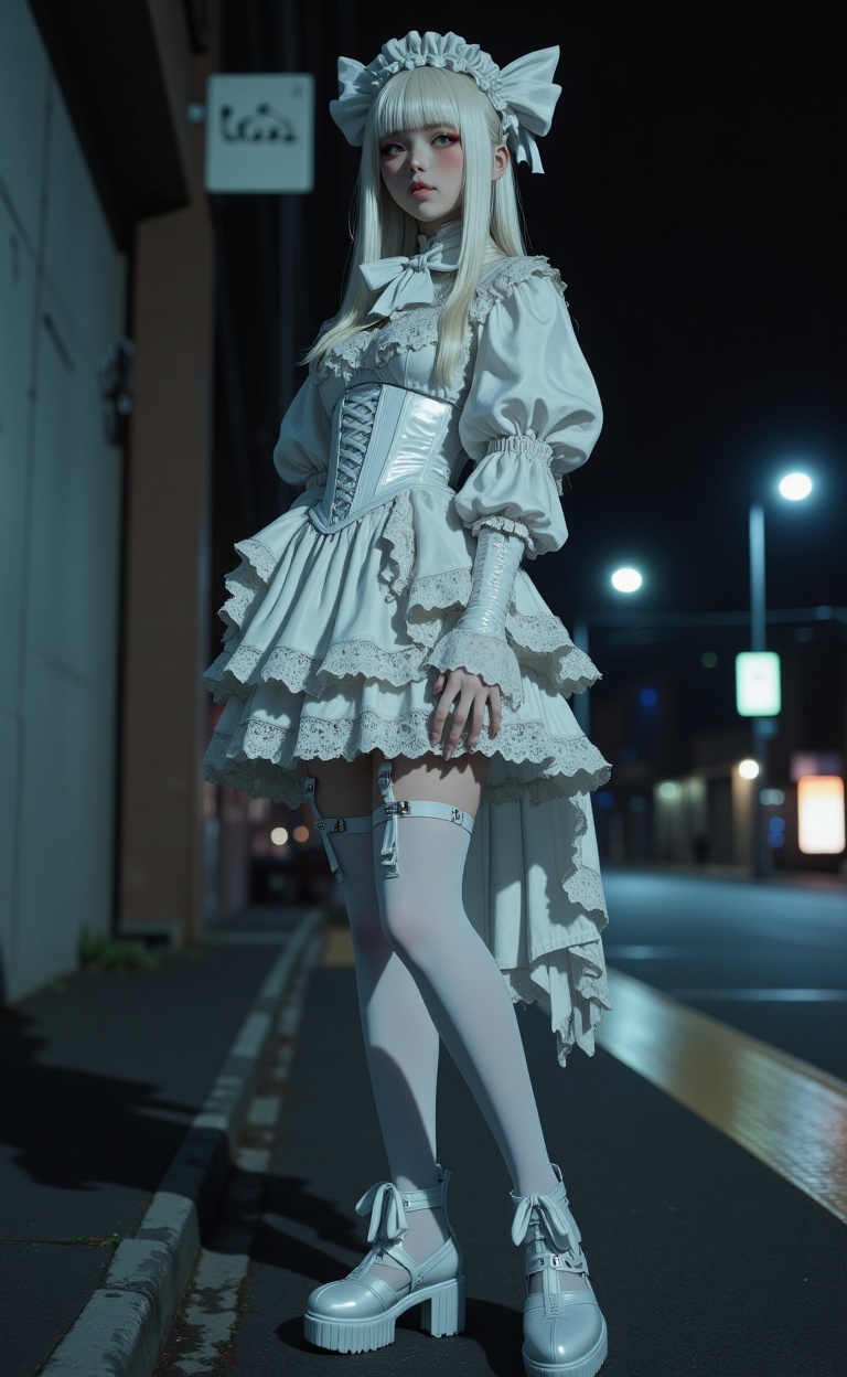 nighttime urban portrait of a beautiful young woman with long straight platinum white hair with blunt bangs and a white la...