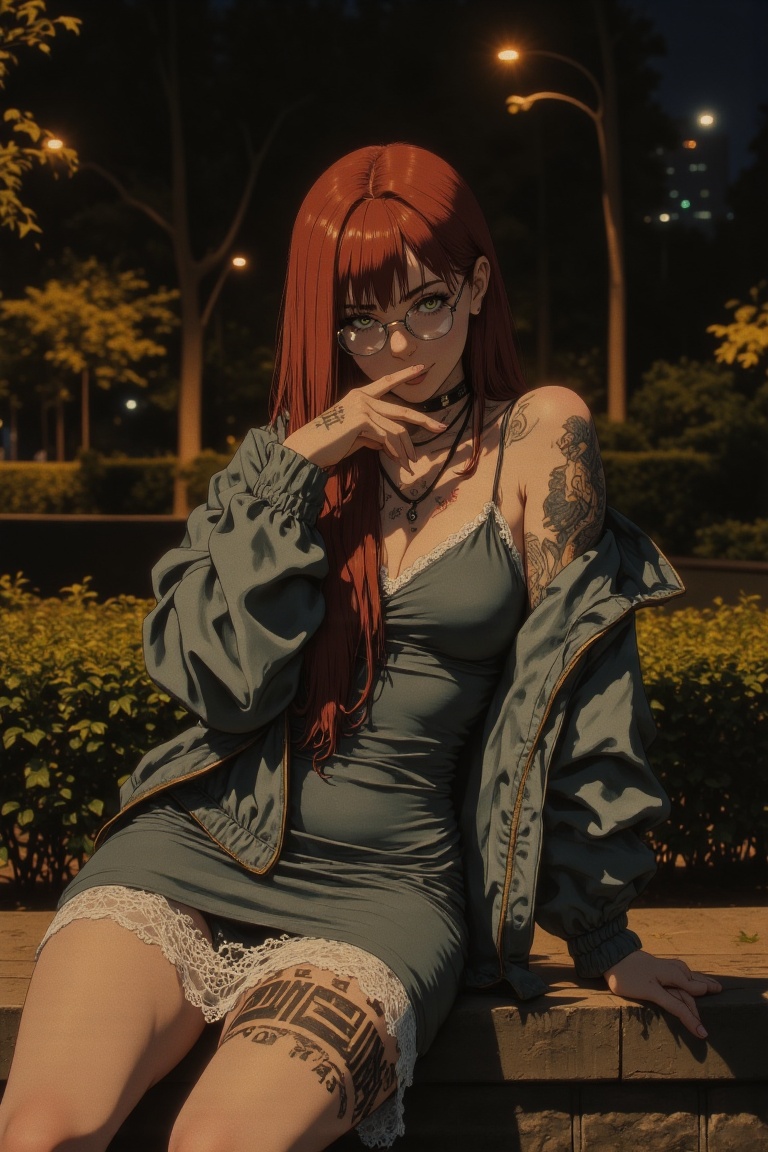 A nighttime urban portrait of a young woman with long straight red hair and light freckles,  sitting on a low stone wall i...