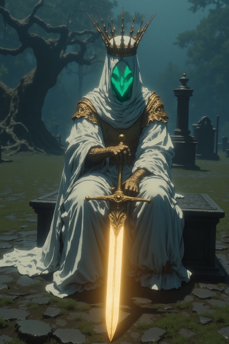 A mysterious and ethereal hooded figure seated in the center of an ancient foggy graveyard at twilight,  hyper-realistic c...