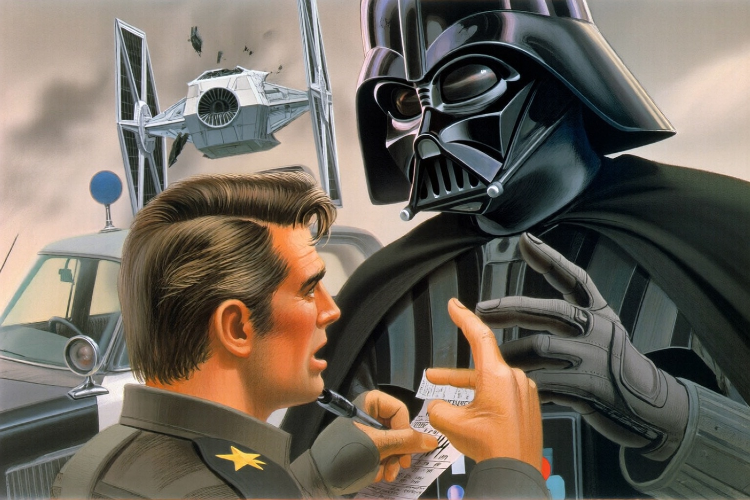 ralphmcquarrie2q illustration.  
Close-up of a male police officer writing a ticket while Darth Vader argues with him using obscene hand gestures. In the background is a TIE fighter that crashed into the top of a police car.