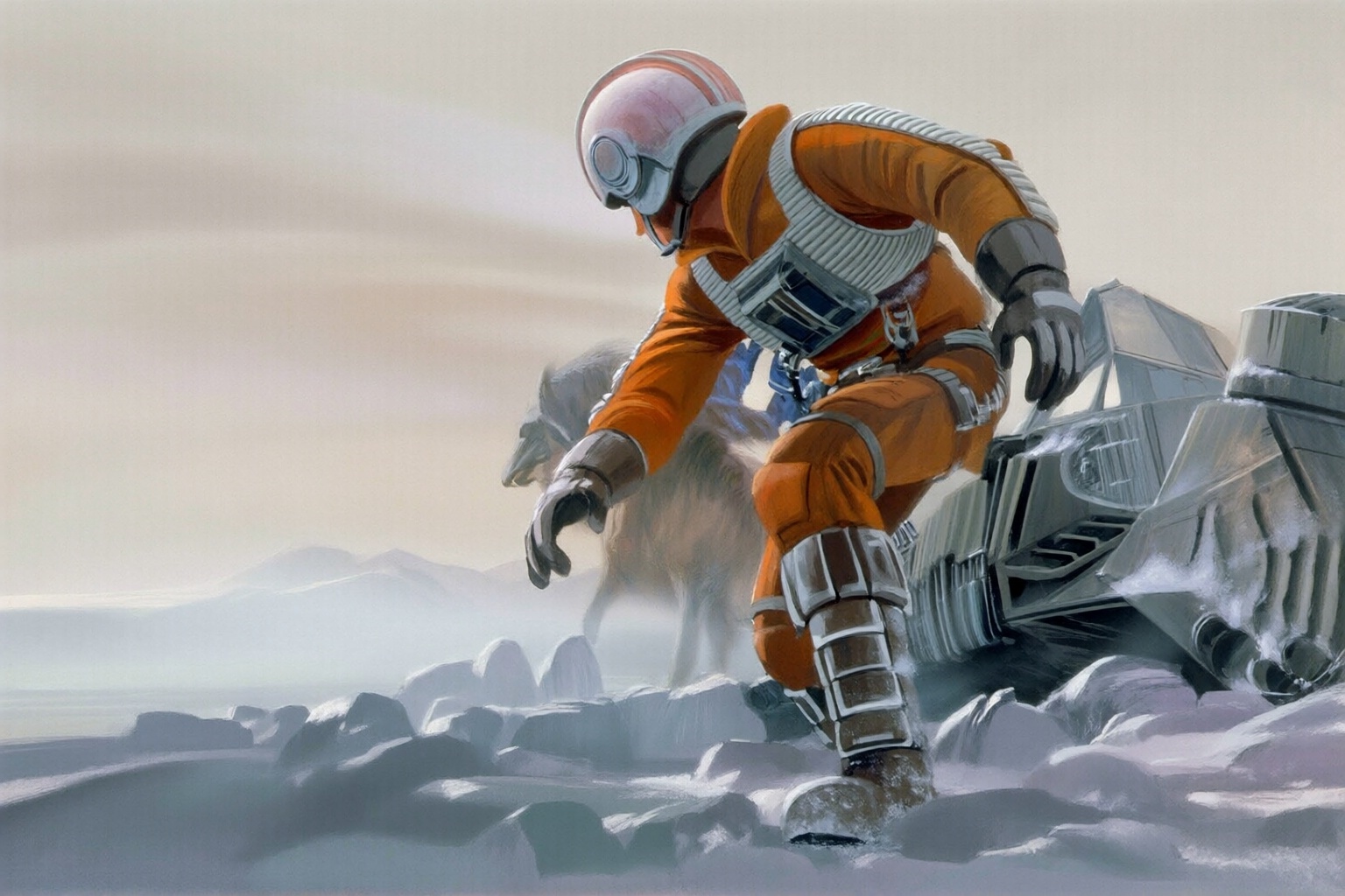 ralphmcquarrie2q illustration.  
A male pilot in an orange flight suit and a light-colored helmet crouches forward on a desolate, rocky, and snowy landscape. He wears dark gloves and segmented white or grey ribbed armor over his chest, shoulders, and lower legs. To his immediate right, a damaged snowspeeder, is partially buried in the snow. He is turning his head to look at a large, four-legged Imperial walker approaching from the left, partially obscured by the hazy atmosphere. Distant, soft mountains are discernible against a pale, overcast sky. The image is captured from a slightly low camera angle, looking up at the crouched pilot.