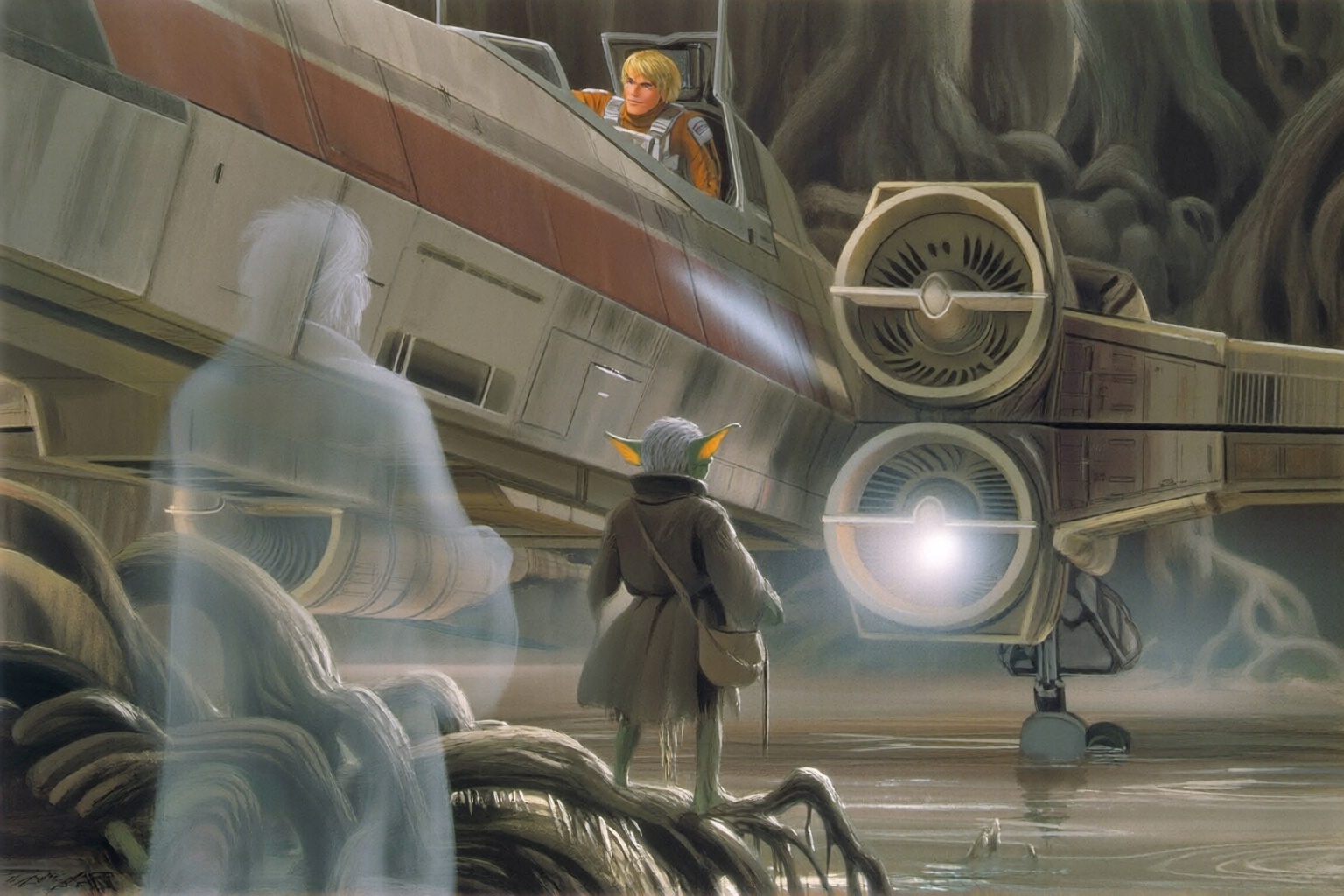 ralphmcquarrie2q illustration.  
A transparent ghost of an elderly man with white hair, wearing a light robe, stands in the foreground on the left, facing away from the viewer. Standing in the center is a small, green-skinned creature with large pointed ears and white hair, dressed in a dark tunic and satchel, stands on twisted roots, looking away from the viewer towards a X-Wing starfighter that has landed. Inside the cockpit of the beige and red X-wing, Luke Skywalker, a young blonde man in an orange flight suit and white vest is visible, looking towards the small creature. The spaceship's engines and landing gear are visible, with a bright light emanating from its side, illuminating the damp, enclosed environment of a cavern or swamp with dark, gnarled tree roots and rock formations in the background.