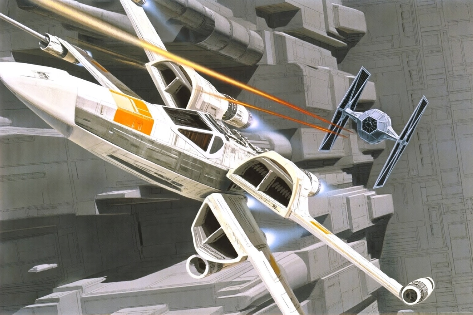 ralphmcquarrie2q illustration.  
An X-wing starfighter, with white and orange markings, is angled prominently in the foreground. Its rear engines glow with blue light, indicating propulsion. In the mid-ground to the right, a TIE Fighter with a grey spherical cockpit and black hexagonal solar panels is seen, firing red laser beams. It appears to be facing the X-wing. Both spacecraft are engaged in a dogfight amidst a vast, intricate grey structure that is on the surface of the Death Star, which forms the background. The lighting is bright, emphasizing the ships and the energetic laser fire.