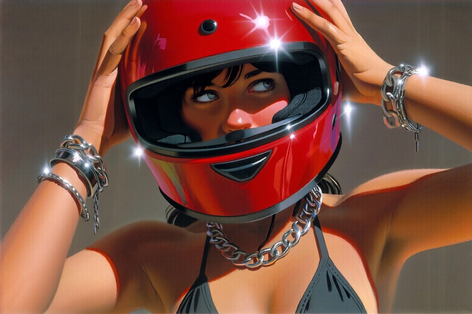 ralphmcquarrie2q illustration.  
Low-angle, close-up of a young woman with tanned skin and dark hair taking off a glossy, bright red motorcycle racing helmet. She is lifting the helmet with both hands, revealing only her light blue eyes and nose through the open visor She wears a simple black bikini top and is heavily accessorized with chunky silver chain necklaces and multiple silver chain bracelets on both wrists. The lighting is harsh and direct, creating deep, sharp shadows on her skin and brilliant white starburst glints on the reflective surfaces of the helmet and jewelry.