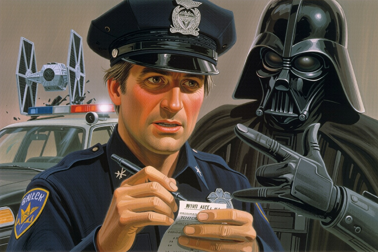 ralphmcquarrie2q illustration.  
Close-up of a male police officer writing a ticket while Darth Vader argues with him using obscene hand gestures. In the background is a TIE fighter that crashed into the top of a police car.