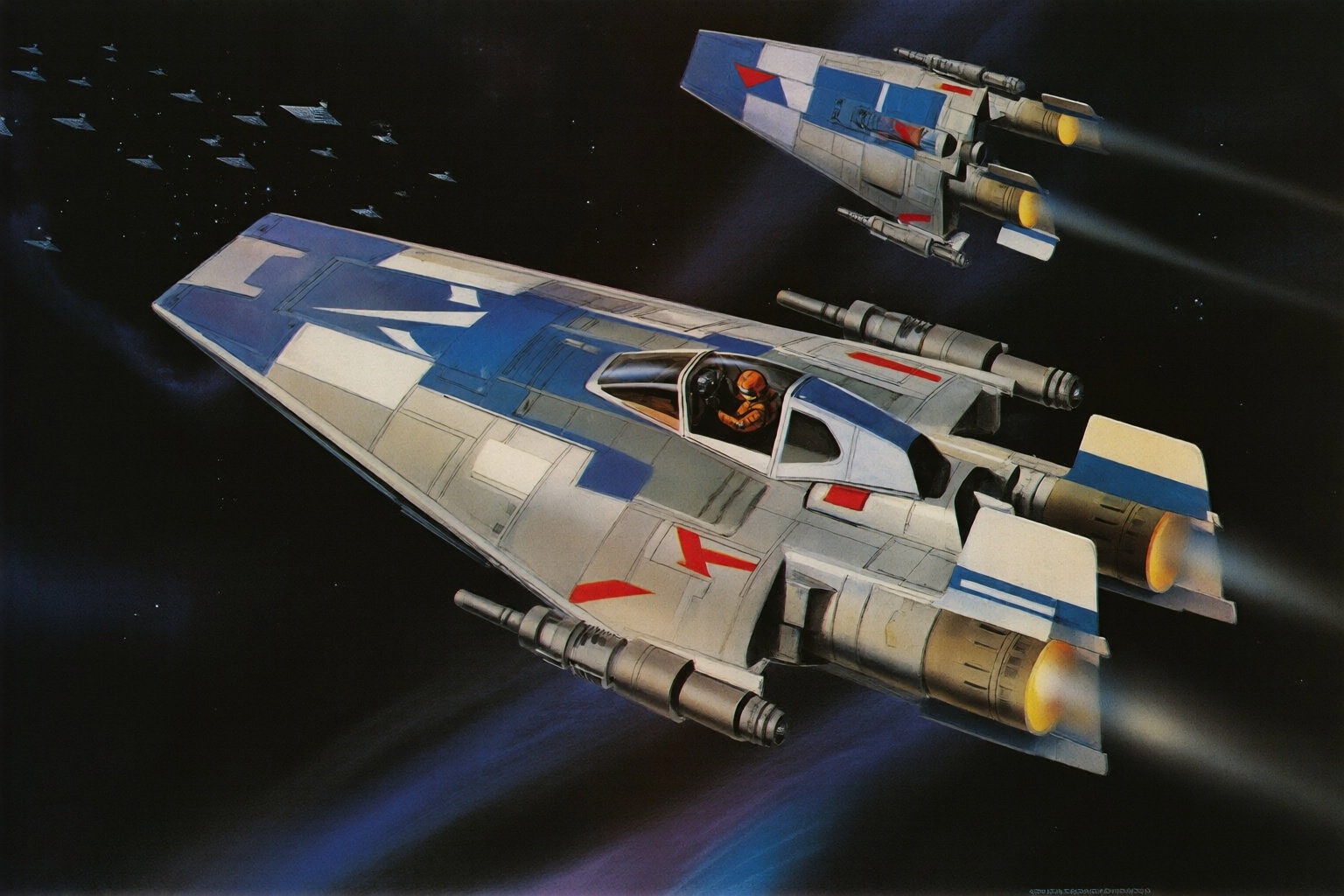 ralphmcquarrie2q illustration.  
High-angle view of two sleek A-wing starfighters, delta-winged spacecraft, colored blue and white with red markings, soar through dark space. The prominent foreground ship has a pilot in an orange suit and helmet visible in its cockpit. It features twin engines with bright, glowing exhausts, and cannons are mounted beneath its wings. Another identical ship flies behind and above it to the right, also exhibiting glowing engine exhausts. In the far distance on the left, a large formation of Imperial Star Destroyers can be seen against the scattered stars. The scene is viewed from slightly above and to the side of the leading spacecraft.
