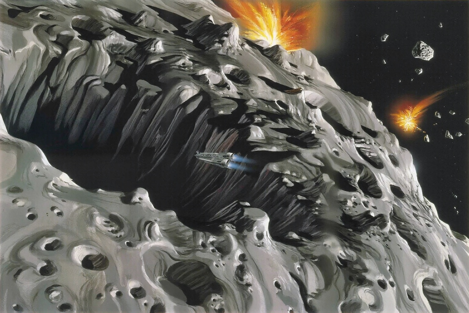 ralphmcquarrie2q illustration.  
High-angle view of the Millennium Falcon, a gray spaceship, flying toward a dark, craggy cavern within a massive, irregular asteroid. The asteroid's surface is heavily cratered and uneven, rendered in various shades of gray, and two distinct fiery explosions with orange and yellow hues are visible behind it. In the dark expanse of space, several small asteroids float. The spaceship is positioned centrally, moving horizontally, with a faint blue glow emanating from its rear. The scene suggests a dynamic passage through a hazardous asteroid field, illuminated by the distant stars and the intense bursts of light from the impacts.