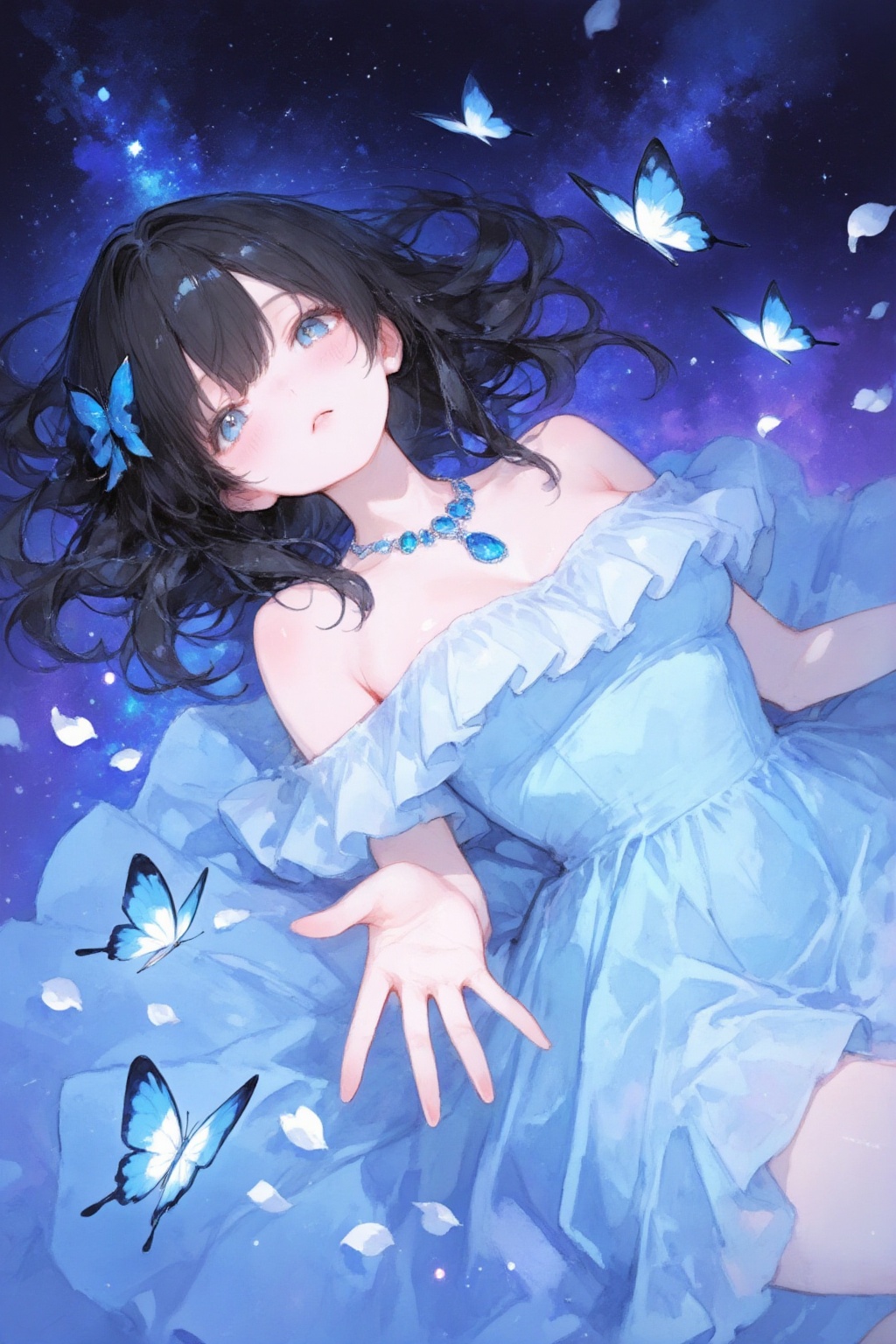 鸟瞰俯视角,镜头从正上方向下拍摄1. 人物形象    外观特征：少女留着黑色长卷发,发丝间点缀着蓝色蝴蝶发饰；眼眸清澈明亮,表情温柔且充满憧憬,脸颊带着淡淡的红晕。
    服饰配饰：身着露肩浅蓝色荷叶边长裙,裙摆蓬松飘逸,如同云雾般轻盈；颈部佩戴着由多颗蓝色水滴形宝石组成的项链,与整体色调呼应。
    姿态动作：身体呈漂浮姿态,右手向前伸出,掌心朝上,仿佛在触碰或迎接什么,发丝与裙摆随气流舒展,充满动态感。

2. 环境与元素    背景场景：背景是深邃的星空,以深蓝与紫色为主色调,点缀着细碎的星点与光斑,如同银河般璀璨梦幻。
    装饰元素：画面中环绕着多只蓝白相间的蝴蝶,还有飘落的白色花瓣,与少女的服饰、发饰形成呼应,强化了梦幻氛围。

3. 绘画风格    采用水彩质感的绘画技法,色彩通透柔和,光影层次丰富,线条细腻流畅,完美呈现出星空的深邃与少女的轻盈感,整体氛围静谧又充满浪漫幻想。