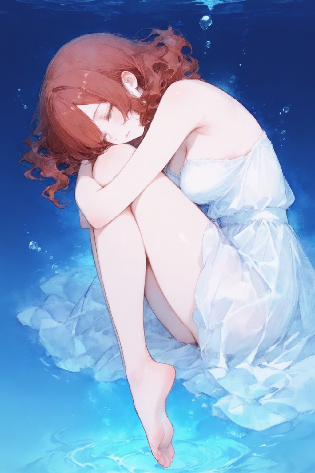 二次元插画, digital illustration,water colour,数字插画,水彩。
深海氛围感人像作品,细节充满静谧柔美感：
主体状态：棕红色卷发的女性蜷缩在深海中,双臂环抱住膝盖,赤脚自然舒展,姿态松弛又带着一丝脆弱的蜷缩感。
服饰与质感：身着白色薄纱长裙,面料在水中舒展成轻柔的褶皱,纱质的通透感与海水的蓝调交融,裙摆随水流轻漾,像深海里漂浮的云朵。
环境氛围：背景是渐变的深蓝海水,水面下的波纹与细碎气泡点缀画面,底层透出浅蓝的光影（似海底微光）,整体色调冷柔,传递出“深海中安静悬浮” 的空灵、静谧感。