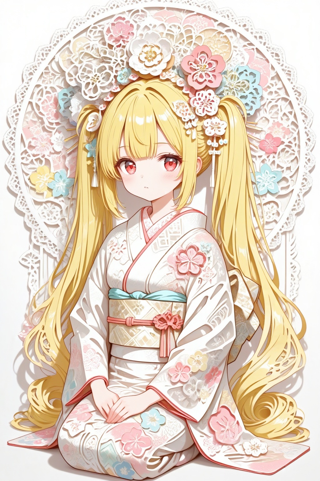 写实,半身像,极致细节, 视觉风格：
    纸雕/ 剪纸质感：画面中的和服、发饰、背景花纹都呈现出多层叠加、镂空雕刻的立体效果,模仿了日本传统纸雕艺术（Kirie）的精细纹理。
    动漫美学：人物的面部、发型和整体比例是典型的日系萌系（Kawaii）动漫风格,与传统纸雕的厚重感形成了有趣的对比。
    华丽装饰：大量的花朵、蕾丝、几何纹样层层叠叠,构成了繁复而华美的视觉中心。
关键元素：
    和服：采用了传统的振袖款式,上面的图案和褶皱都被“纸化” 处理。
    发饰：由多种纸艺花朵和饰品组成,是日式传统婚礼或成人式的常见装饰。
    背景：圆形的镂空花纹和蕾丝边框,强化了作品的装饰性和仪式感。masterpiece, best quality, ultra-detailed, 8K resolution,
1girl, solo, anime style, kawaii, big eyes, long yellow twintails,red eyes,twintails,long hair,
wearing a luxurious layered kimono, the entire artwork is a 3D paper craft sculpture,
intricate kirigami and origami details, all elements are made of layered paper,
the kimono is decorated with countless delicate paper flowers and geometric patterns in soft pastel colors (pink, white, light blue, beige),
a large, ornate floral headpiece made of paper flowers,
background is a circular frame of intricate lace-like paper cutouts and traditional Japanese patterns,
soft and diffused lighting, cinematic depth of field, clean white background,
art by Yoshitaka Amano and Takashi Murakami, paper art, paper sculpture, traditional Japanese art