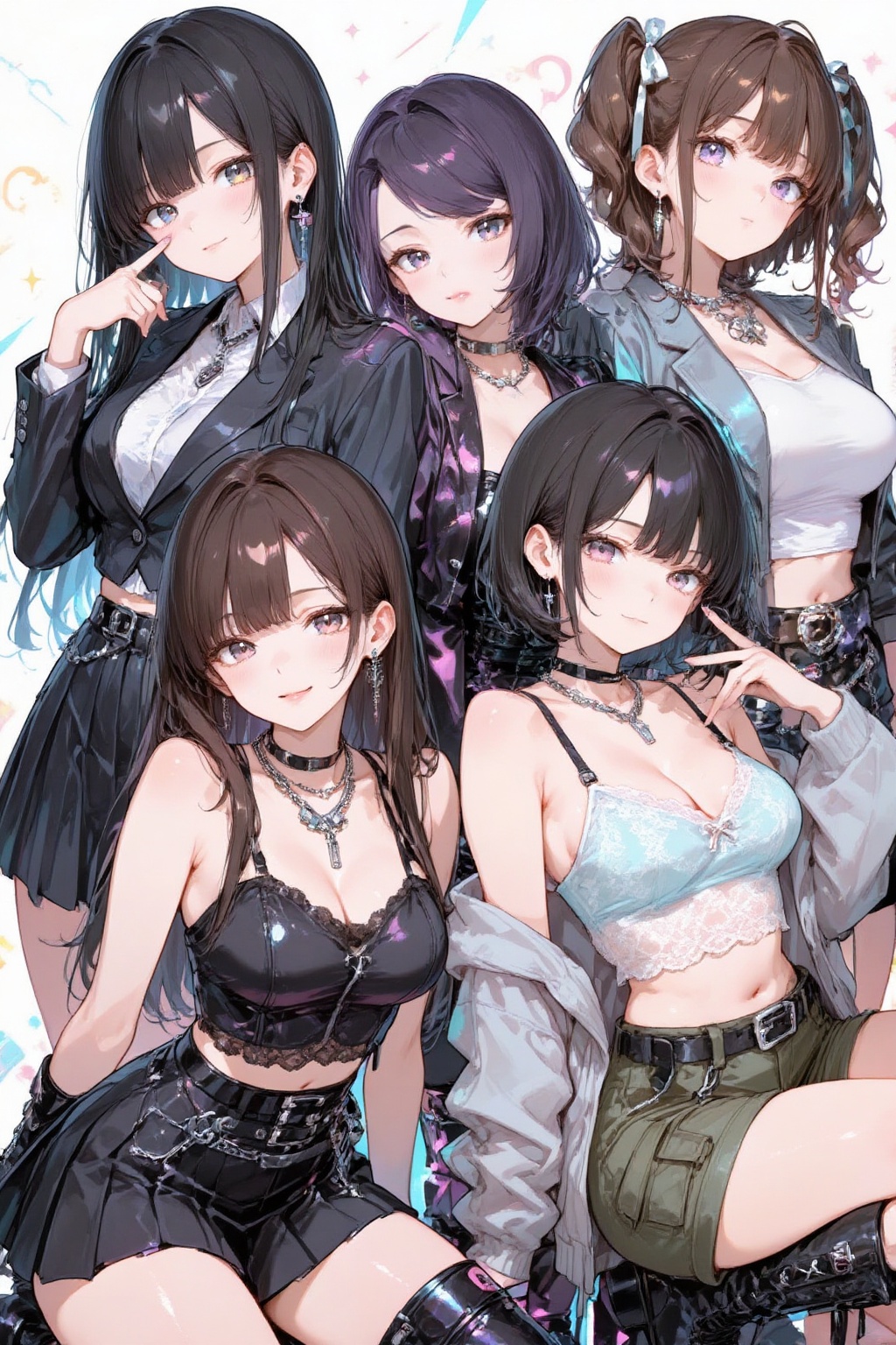 主体：女团风格的多人群像立绘,包含5-7 位不同气质的年轻女性—— 发型涵盖长直、卷翘、双马尾、短发等,服饰融合甜酷风（蕾丝吊带+ 西装外套、百褶裙+ 机车靴、露腰针织衫+ 工装裤）,每人搭配独特配饰（丝带发饰、金属项链、不对称耳环）；风格：二次元插画+ 海报质感,线条清晰锐利,色彩饱和度高；氛围：自信亮眼的舞台气场,人物姿态错落有层次（部分摆pose、部分互动）；细节：超高分辨率,皮肤质感通透,衣物褶皱与饰品反光细节丰富。