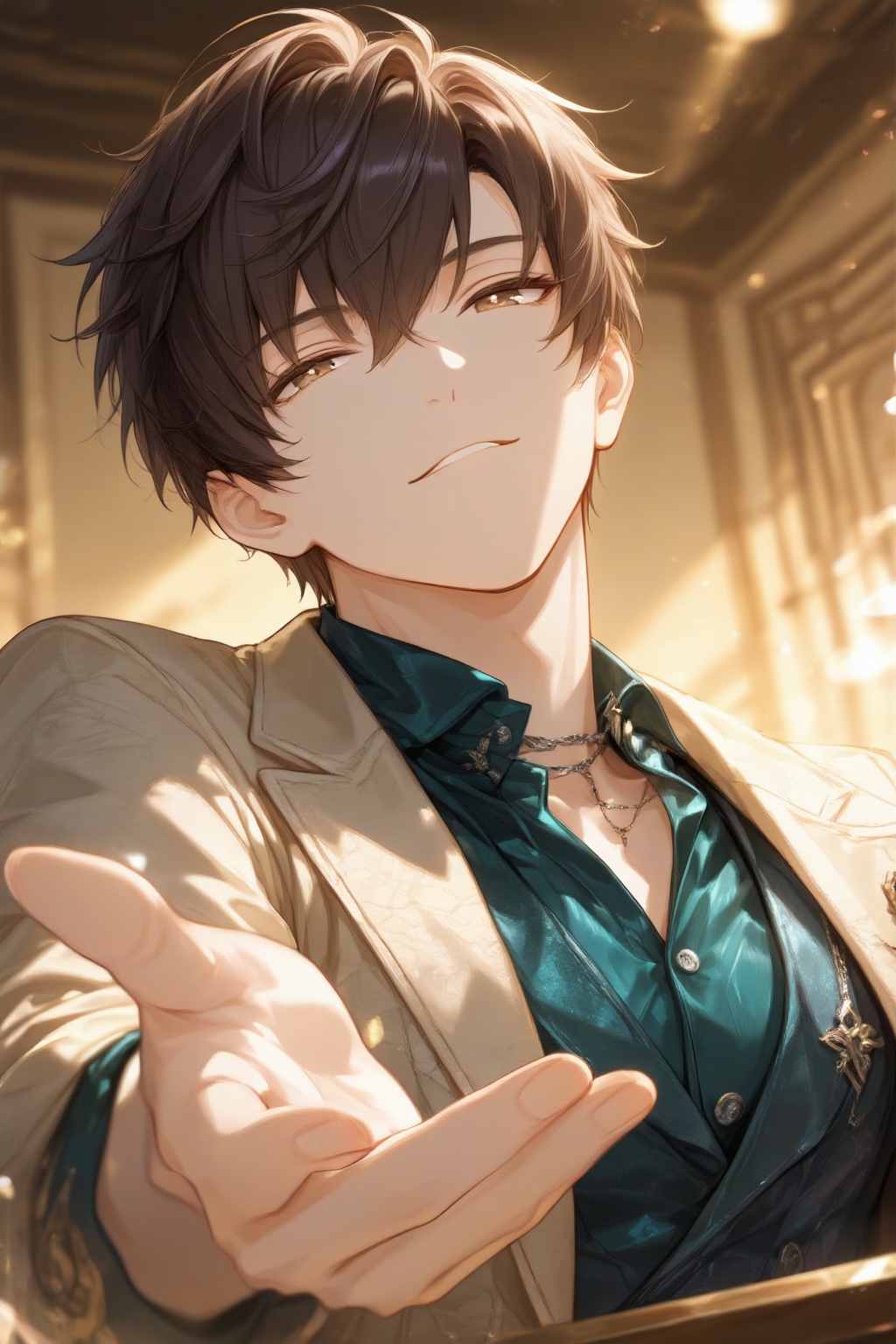 
二次元插画风格主体：一个目光锐利、下巴线条分明、阳光自信的男人
*风格：二次元插画*光照：柔和的侧光突出他的面部特征
*动作：站立姿势,手伸向镜头仿佛要抓住什么。总之就是狂拽酷霸的龙傲天视角：仰视视角
*补充关键词：时尚的着装,打理精致的头发,散发魅力。