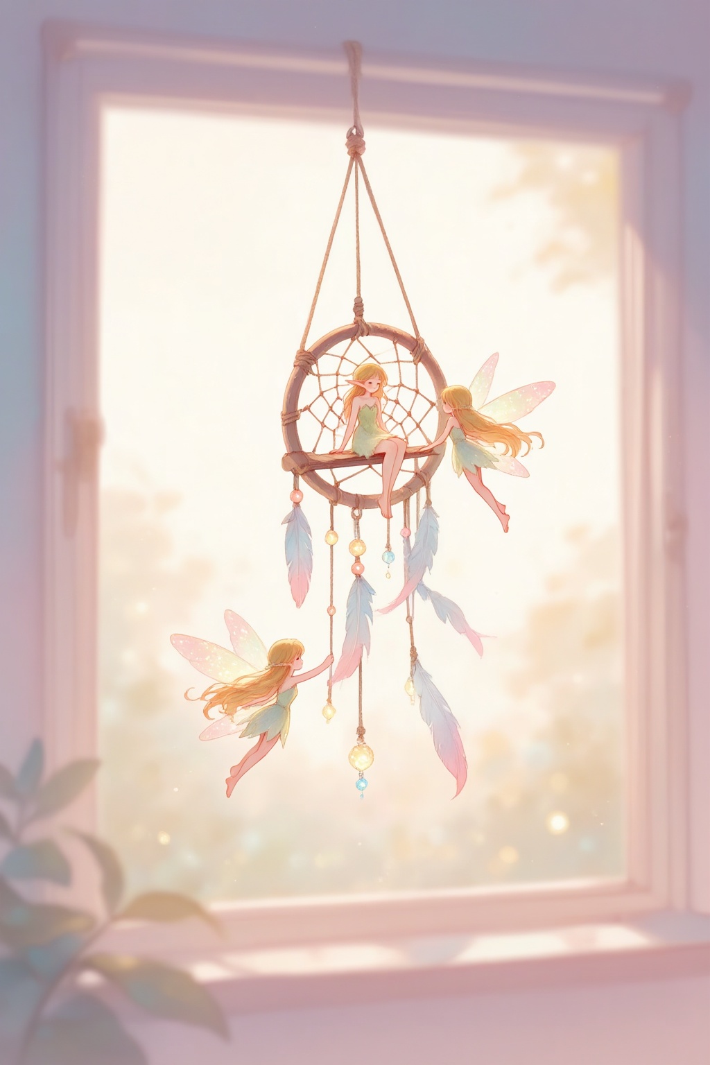 二次元插画,清晰画质,超高细节subject: A dreamcatcher is hanging in front of a window. A cute fairy, facing the camera, is sitting in the central circle of the dreamcatcher like on a swing, holding onto the dreamcatcher with a pair of transparent wings naturally spread out. Another fairy is flying nearby, gently pushing the edge of the dreamcatcher to move the swing. The dreamcatcher is decorated with delicate feathers and glowing beads. The fairies have tiny, semi - transparent wings that glimmer with a soft light, and they both have long, flowing hair.
style: Digital illustration with a watercolor style, using soft pastel colors to create a dreamy and lovely scene.
lighting: Soft, diffused light filtering in from the window, casting a warm and hazy glow over the dreamcatcher, fairies, and the surrounding area.
layout: The dreamcatcher is centered in the frame, with the fairies interacting around it.
perspective:特写镜头,近景拍摄positive: Dreamcatcher, window, cute fairies, semi - transparent wings, feathers, long flowing hair, glowing beads, swinging*,