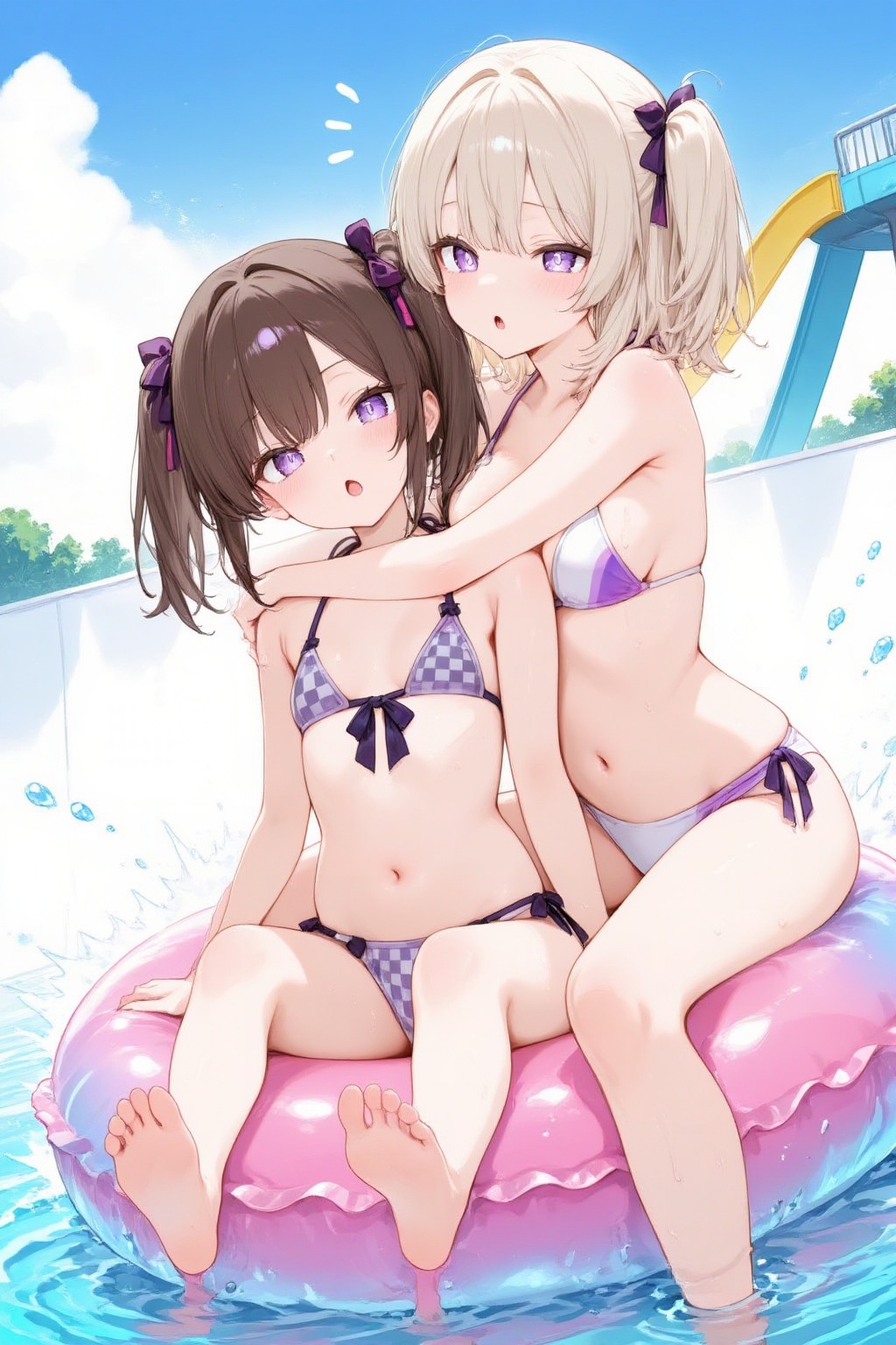 二次元插画, 两位二次元少女同坐在一个粉紫色渐变的充气游泳圈中,两人均为紫瞳,赤脚裸露,皮肤上可见水珠。

    前排少女：棕褐色短发扎成侧双马尾,发绳为深紫色蝴蝶结。身穿紫灰格纹比基尼,胸前装饰有深色蝴蝶结结饰,嘴巴微张,额头带有汗珠。
    后排少女：浅金色短发扎成侧双马尾,同样佩戴深色发绳。身穿白紫配色比基尼,上半身紧贴前排少女,右臂环绕过对方肩膀,左手搭在游泳圈边缘,表情略显惊讶。
    游泳圈与水体：粉紫色游泳圈表面有光泽纹理,周围是蓝白色的池水,可见动态的水花与波纹,画面右侧有飞溅的水滴。
    背景：后方为蓝天、白云与绿色树木,右上角可见黄蓝配色的水上滑梯结构。