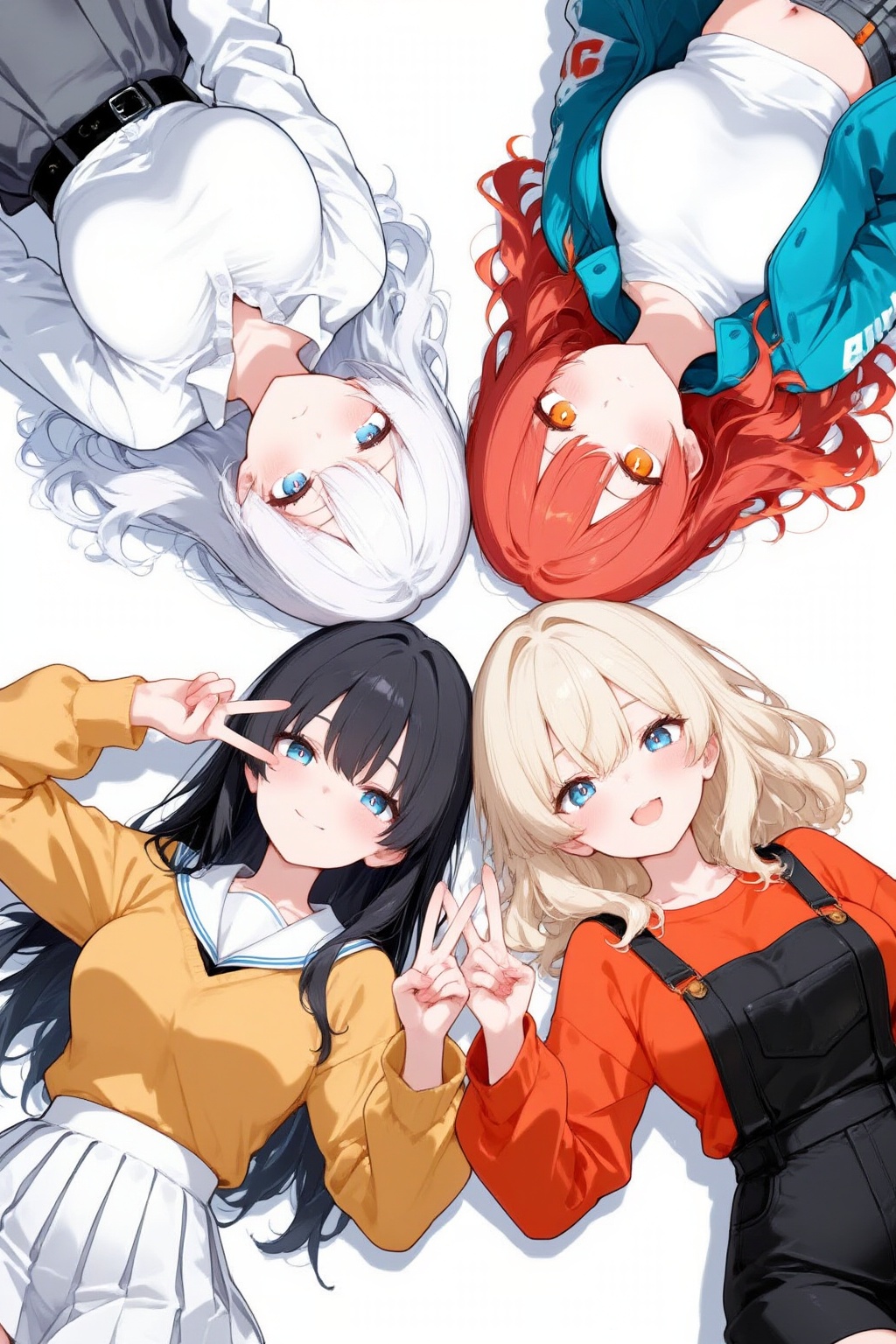 二次元插画,这是一幅日系二次元风格的四人组插画,采用对称构图,四位少女以“头碰头” 的形式环绕排列,整体氛围清新治愈。
1. 角色形象与特征
    左上少女：银白色长卷发,蓝瞳,身着白色长袖衬衫+ 黑色腰带,气质清冷优雅。人物倒置    右上少女：火红色长卷发,橙瞳,身着蓝白拼接外套+ 白色内搭,风格活泼元气。人物倒置    左下少女：黑色长直发,蓝瞳,身着姜黄色长袖上衣+ 白色百褶裙,领口带有白色水手领,面带温柔微笑,右手比出“V” 手势。
    右下少女：金色中长卷发,蓝瞳,身着橙红拼接长袖上衣+ 黑色背带裙,同样面带微笑,左手与左下少女的手共同比出“V” 手势。

2. 构图与风格
    构图：四人头部汇聚于画面中心,形成四人的身体排列成一个大大的X型,下方两位少女的手势形成互动感,整体平衡且富有亲和力。
    画风：典型的现代日系插画风格,线条干净利落,色彩明快通透,人物面部圆润可爱,光影柔和,突出少女感与青春氛围。
    背景：纯白背景,无多余元素,让角色成为绝对视觉中心,适合作为头像、壁纸或同人封面使用。