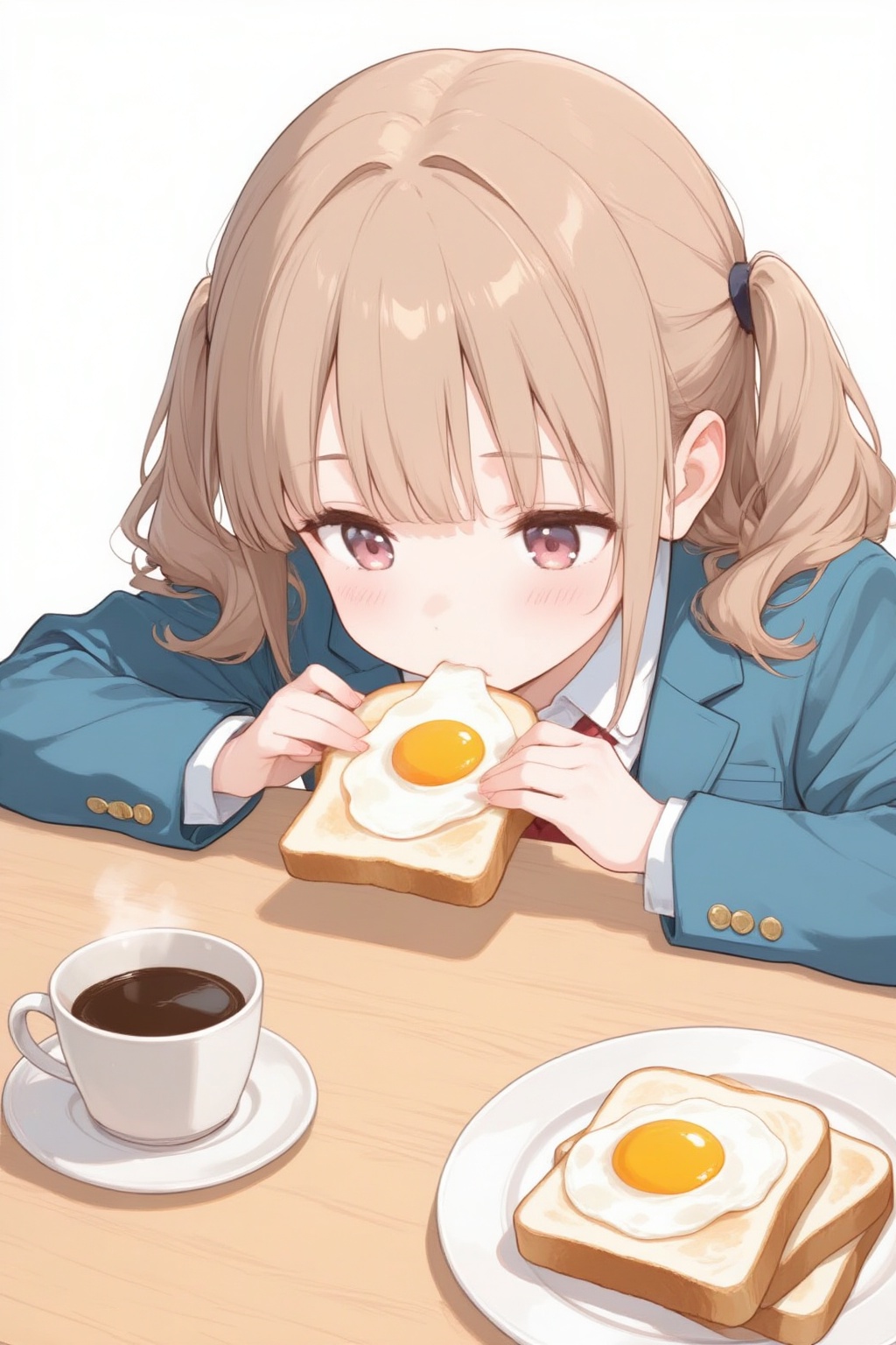 二次元插画, 这是一张充满日常治愈感的作品,画面捕捉了少女享用早餐的温馨瞬间：

    人物造型：
        发型与妆容：浅棕色双马尾卷发,搭配齐刘海,是典型的日系少女发型；淡粉腮红与柔和的眼妆,让整体气质显得清新又软萌。
        服饰搭配：身着蓝色西装外套,内搭白色衬衫,是经典的学生制服风格,传递出青春活力的氛围。
        姿态与互动：她手肘撑在木质桌面上,身体微微前倾,正低头轻咬吐司上的煎蛋,眼神带着一丝慵懒与俏皮,仿佛在享受这份简单的早餐时光。
    场景与氛围：画面左侧是一杯黑咖啡,右侧是一盘吐司配煎蛋,食物细节清晰,煎蛋的溏心与吐司的纹理都被精细刻画。背景是纯净的白色,简洁干净的画面更凸显了日常的温馨与治愈感。
    整体风格：作品将日系少女的软萌气质与日常早餐的烟火气结合,通过温柔的光影、自然的互动与细腻的细节,精准捕捉了“治愈系日常” 的精髓,既保留了角色的可爱感,又充满了现实生活的温度与烟火气。
