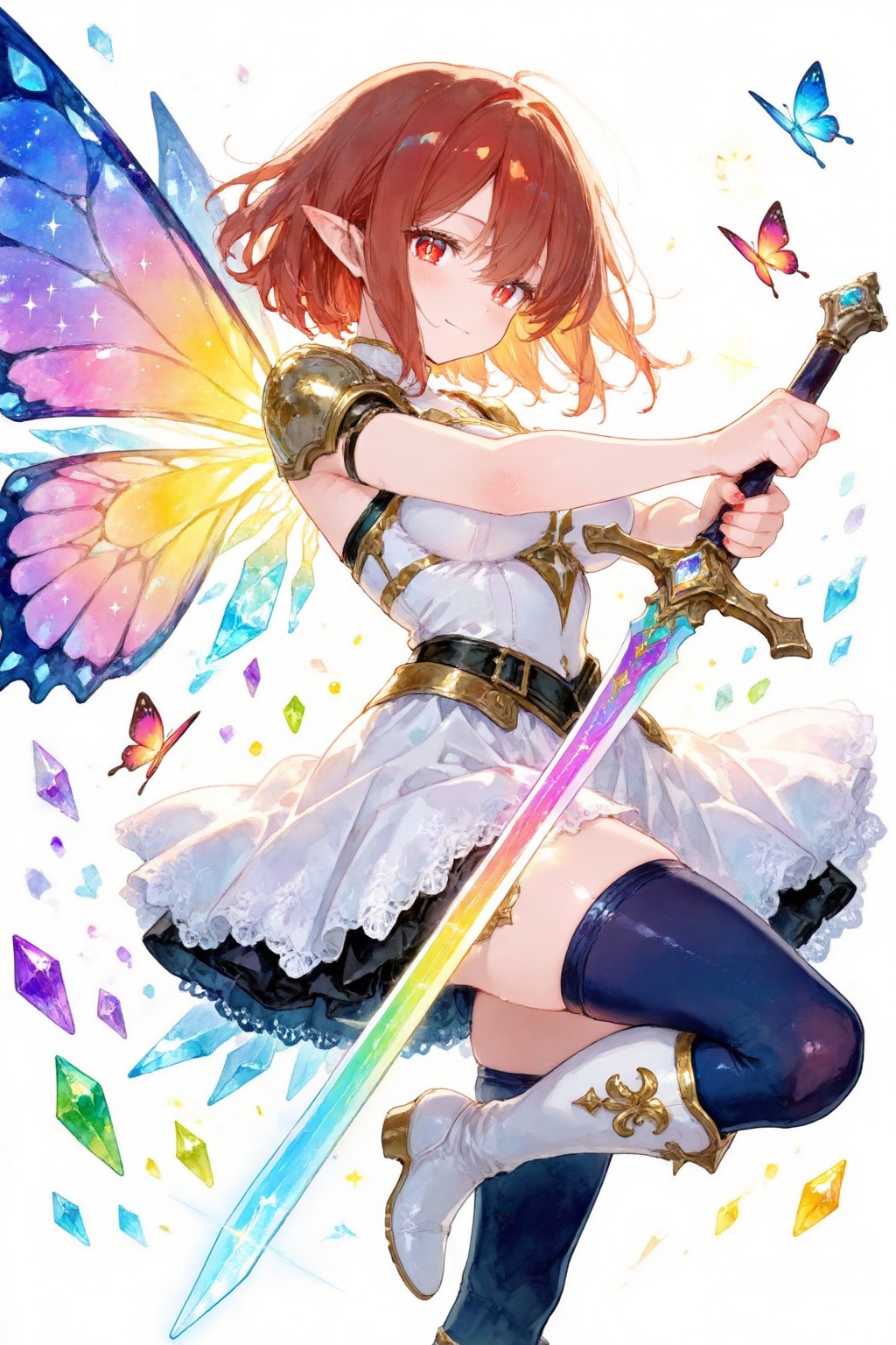 二次元插画,复杂的细节, 中近景,这是一幅充满奇幻色彩与精致细节的二次元插画,描绘了一位兼具战士英姿与精灵梦幻感的少女形象,整体画面明亮通透、色彩绚烂,宛如童话中的魔法场景。

### 主体人物- **发型与面容**：少女留着柔顺的红棕色短发,发尾微微蓬松,几缕发丝自然垂落在脸颊旁,衬得她明亮的红瞳更加灵动。红瞳中闪烁着清透的高光,嘴角噙着温柔又坚定的微笑,神态既显少女的娇俏可爱,又透着战士的自信果敢。  
- **服装设计**：  
  - **上衣**：以白色为底色,搭配金色装饰线条,肩部与胸前点缀着精致的金属护甲,腰间还系着深色腰带,整体风格兼具轻盈与力量感。  
  - **下装**：白色层叠短裙搭配黑色内衬,裙摆边缘带有细腻的蕾丝褶皱,轻盈飘逸。  
  - **腿部**：深蓝色长筒袜从膝部向上包裹,袜口处装饰着金色的鸢尾花形护甲；脚上是一双白色高筒靴,靴筒顶端配有金色尖刺装饰,兼顾优雅与实战性。  

### 武器与翅膀- **长剑**：少女双手紧握一把华丽长剑,剑柄为深色,顶端镶嵌着璀璨宝石,剑身流淌着彩虹色的光晕,仿佛蕴含魔法能量,剑尖的光效与周围元素形成梦幻呼应。  
- **蝴蝶翅膀**：身后是一对巨大且绚丽的蝴蝶翅膀,呈现彩虹渐变效果——从宝蓝色到粉紫色,再到亮黄色,层次丰富。翅膀由无数晶莹光点与水晶碎片构成,边缘透亮如琉璃,内里闪烁着星光般的微光,宛如将整个天空的色彩浓缩其中。  

### 周围元素- **水晶碎片**：无数彩色水晶碎片（蓝、绿、紫、黄等）在少女周身轻盈飞舞,折射着柔和光线,大小不一,似从翅膀或剑中散落,增添画面的动态感与梦幻氛围。  
- **蝴蝶点缀**：几只小巧的彩色蝴蝶穿梭于水晶之间,进一步强化了童话般的灵动气息。  

### 姿态与光影- **动作**：少女呈战斗姿态,右腿向前迈出、左腿后撤,身体微微前倾,双臂伸展、长剑指向画面前方,仿佛正准备发起华丽攻击,动作充满力量与韵律。  
- **光晕效果**：纯白色背景上,阳光自她身后洒下,形成柔和的光晕,为发梢、裙摆、翅膀镀上朦胧光边,让整个画面既通透又温暖,凸显角色的“光芒感”。  

### 整体风格画面采用细腻的水彩笔触,色彩过渡自然、光影层次丰富,完美融合了日系动漫的萌系特质与奇幻元素的绚烂感。少女身上的每处细节（如裙摆的褶皱、翅膀的渐变光泽、水晶的透明质感）都精准传递出“灵动战士”的气质,将“战斗英气”与“精灵梦幻”无缝衔接,营造出一种既热血又温柔的视觉享受。  

这幅插画通过色彩、光影与动态元素的精妙组合,将一个看似普通的少女战士转化为童话世界中的魔法使者,让人一眼便沉醉于这个充满光与梦的奇幻瞬间。