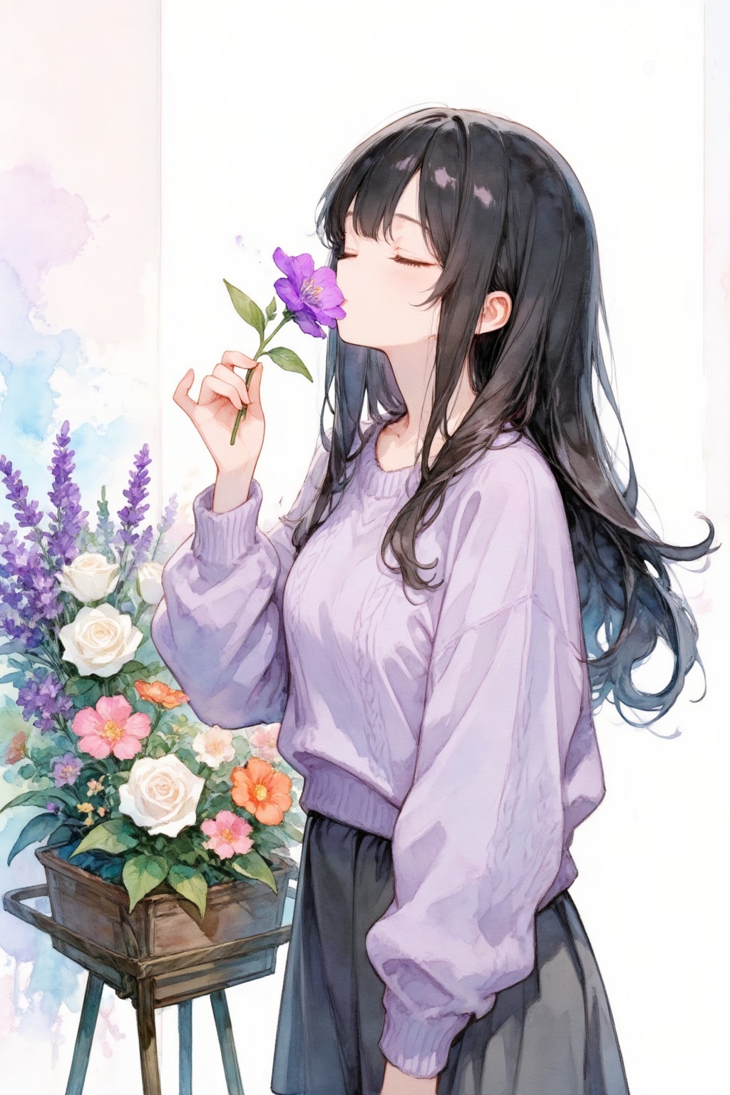 二次元插画, digital illustration,water colour,数字插画,水彩。
治愈系水彩少女插画,细节满是温柔松弛的氛围：
角色与动作：黑长卷发的少女侧身站在花架旁,闭着眼轻嗅手中的紫花,鼻尖贴近花瓣,右手指尖轻捏花茎,姿态舒展又专注；长发随轻晃的动作微微扬起,发尾的弧度柔和自然。
服饰质感：她穿淡紫色宽松毛衣,衣身能看到细腻的针织纹理,袖口是收紧的罗纹设计,搭配深灰长摆裙,布料垂坠感轻盈,整体穿搭是慵懒的日常风。
场景细节：花架上摆满各色花束（紫薰衣草、白玫瑰、粉橘系小花）,水彩的晕染让花与背景的界限柔和朦胧,画面留白处透着明亮的光线,像花店午后的温柔时刻,整体色调柔和治愈。