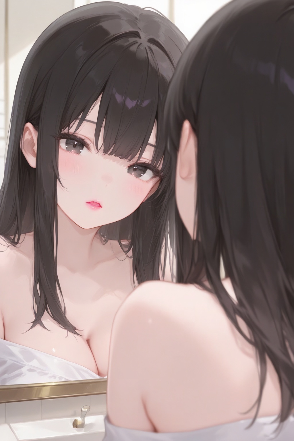 二次元插画, 一个在梳妆间的身着衬衫的女孩,过肩视角,镜头从主体右后方拍摄,三分线构图,主体位于画面右侧三分之一处,前景为人物背部与头发,中景为镜面反射的人物面部,背景为虚化的浴室环境,封闭式构图,主体占比约60%,特效包含镜面水渍纹理。镜中的年轻女子留着长长的直黑发和刘海,发丝略显凌乱,五官精致,皮肤白皙,嘴唇粉红而有光泽,细腻的肤质,自然的毛孔,柔和的妆容,光泽唇部,微微反光,甜美可爱。