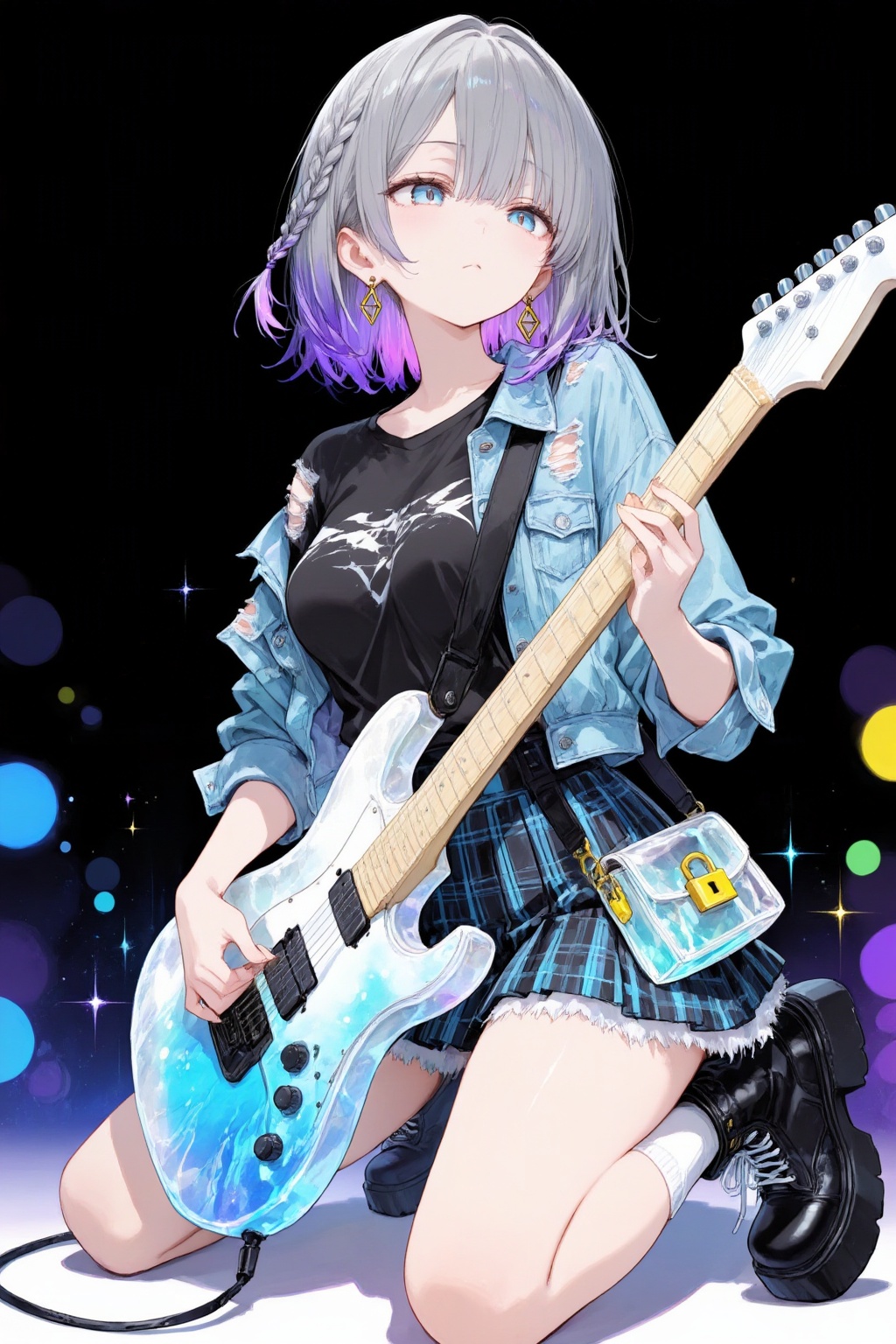 二次元插画, 1.  人物：
    -   发型：短发,主体银灰色,发尾及内侧为渐变紫色,左侧有一缕编发,发丝轻盈飘逸,带有光泽感。
    -   面部：日系动漫风格,肤色白皙,蓝色眼眸,眼神专注看向吉他方向,佩戴金色几何造型耳坠。
    -   姿态：单膝跪地,身体微侧,左手按弦于吉他指板,右手靠近琴桥位置,呈现演奏状态。
2.  服装：
    -   上衣：内搭黑色短袖T恤,印有白色图案；外搭浅蓝色水洗牛仔外套,多处做旧破洞设计,袖口卷起,材质带有透明水彩质感。
    -   下装：蓝黑格纹百褶短裙,裙摆边缘毛边处理,搭配白色中筒袜。
    -   鞋履：黑色厚底马丁靴,白色鞋带,鞋型硬朗,厚底设计。
    -   配饰：透明PVC材质斜挎小包,包身带有黄色锁扣装饰,背带为黑色。
3.  乐器：
    -   电吉他：通体透明蓝白渐变材质,类似亚克力或水晶质感,琴身带有水波纹与光斑效果；琴颈为浅木色,品丝清晰；琴头为白色,装有金属弦钮；琴桥、拾音器、控制旋钮等金属部件为黑色。
4.  背景与氛围：
    -   背景：纯黑色,点缀大小不一的蓝、紫、黄、绿等彩色光斑与星点,营造出舞台或星空的梦幻感。
    -   光影：人物与吉他受侧前方光源照射,轮廓清晰,衣物褶皱与吉他透明材质的光影表现细腻,整体风格为水彩与赛博朋克结合的插画风格。
