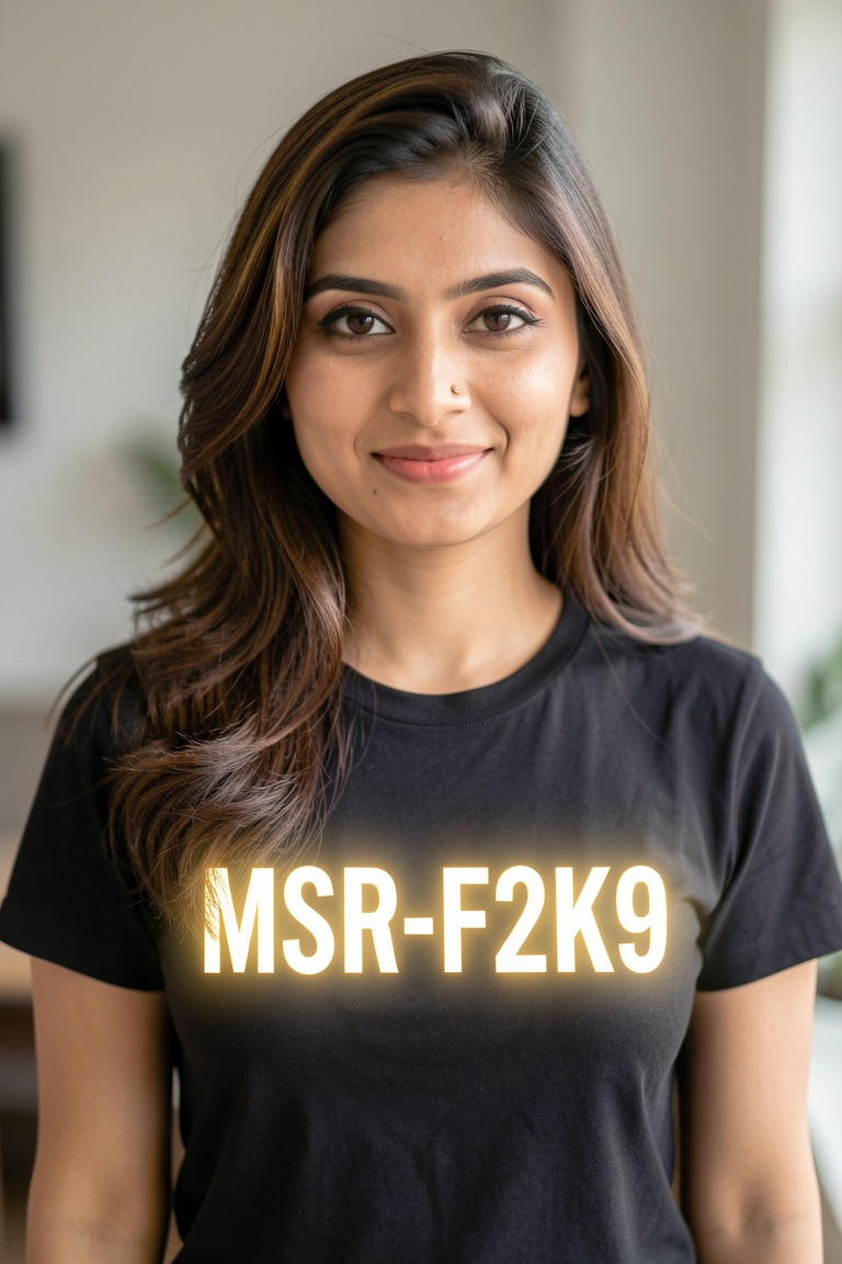 A beautiful 28 year old indian woman with brown hair,  mid-shot,  a glowing text " MSR-F2K9 " writen on her T-Shirt on Ten...