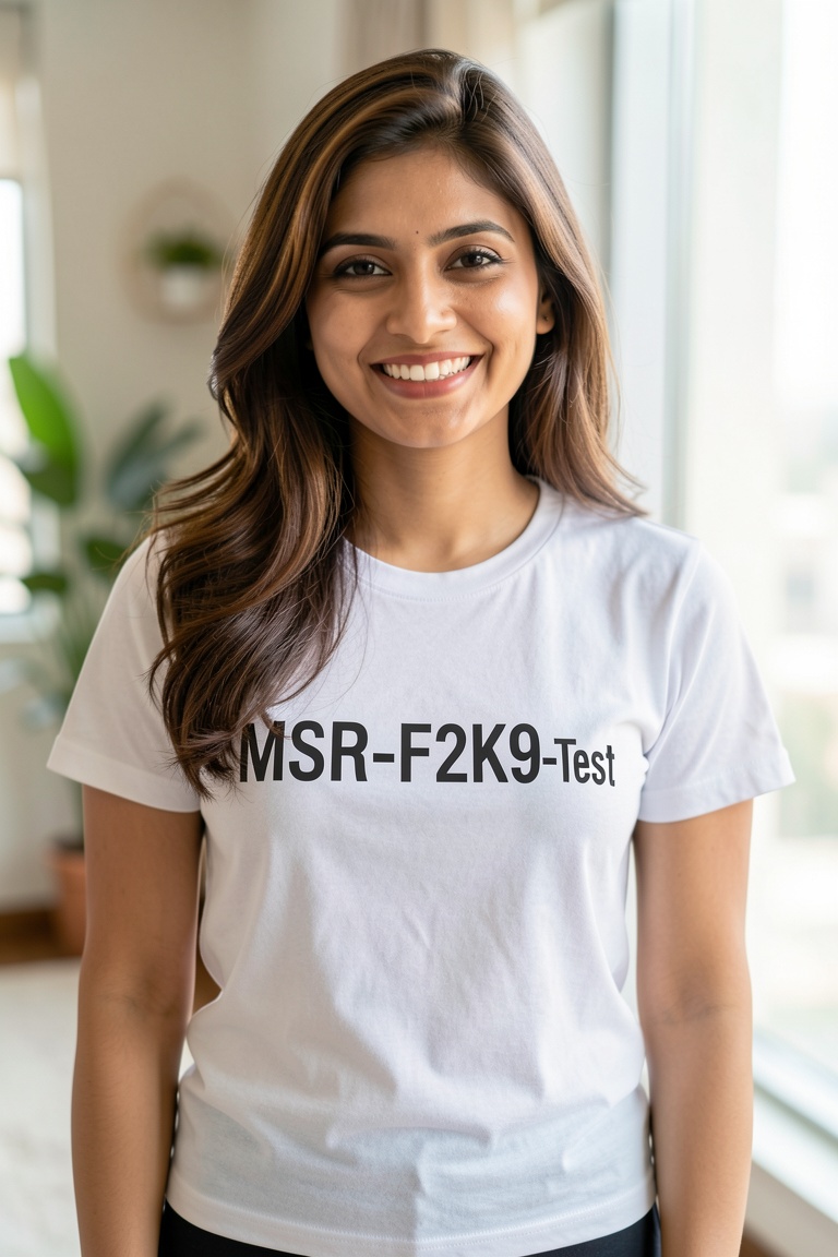 A beautiful 28 year old indian woman smiling with brown hair,  mid-shot,  a text " MSR-F2K9-Test " writen on her T-Shirt a...