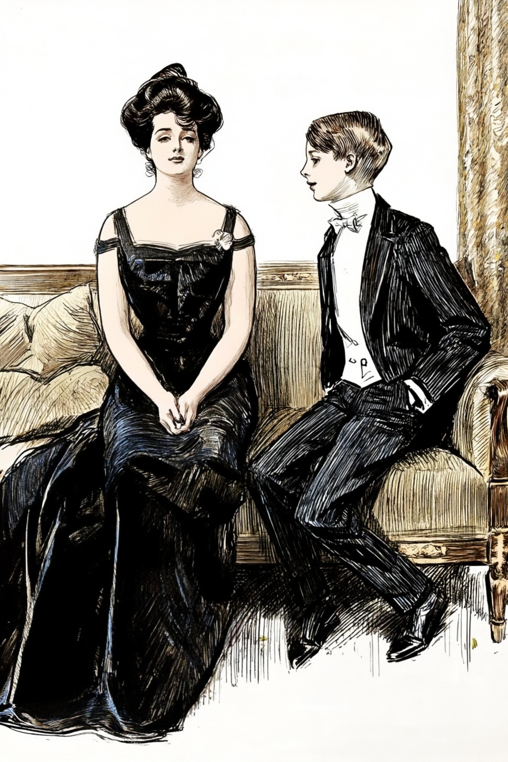 charlesdgibson3z illustration.  
A woman and a young boy are sitting on a sofa in a living room. On the left, a woman with a slender, elegant figure sits on a plush, upholstered sofa. Her voluminous hair is styled in a bouffant updo, with a few strands framing her face. On the right is a young boy, shown in side profile view, with his hand in his pocket, gazing at the woman on the left.