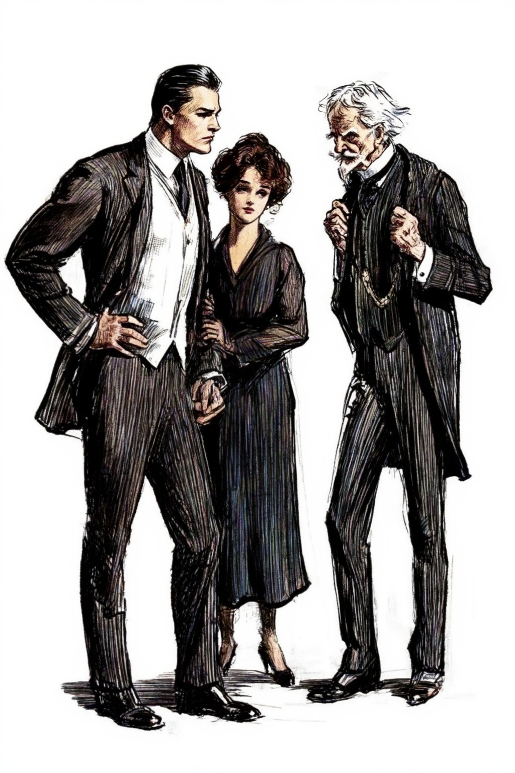 charlesdgibson3z illustration.  
Two men and a woman, all dressed in formal attire. On the left, a tall young man with slicked-back hair and a stern expression stands with his hands on his hips. In the center, a young woman is holding the young man's arm. On the right stands an elderly man with white hair and a beard.