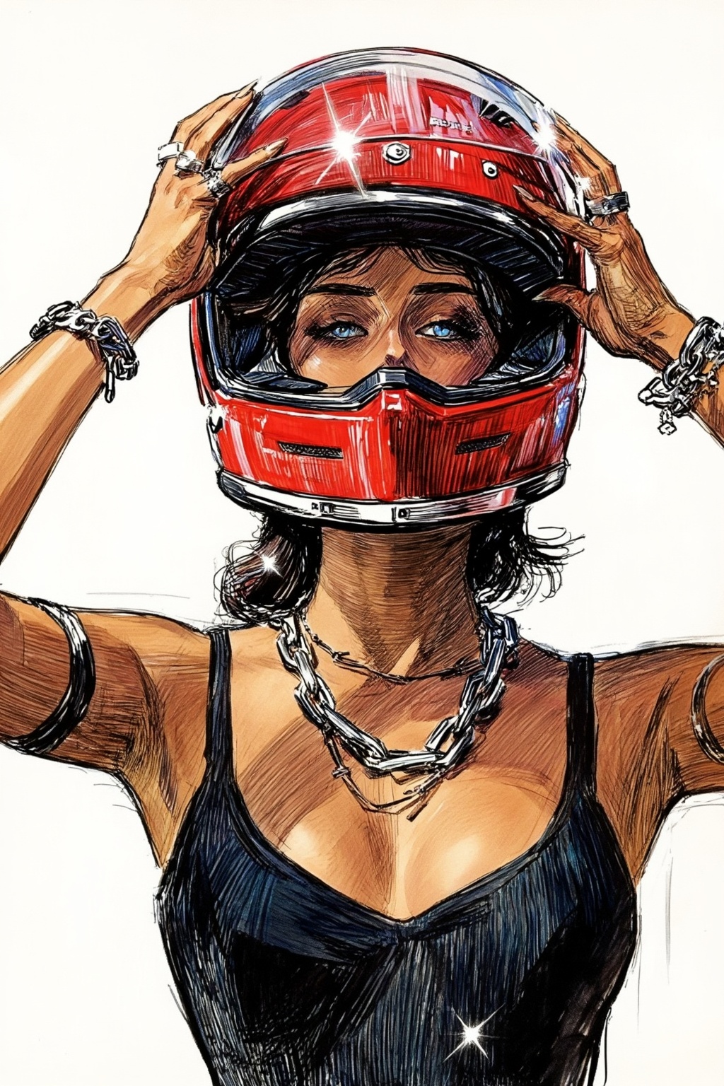 charlesdgibson3z illustration.  
Low-angle, close-up of a young woman with tanned skin and dark hair taking off a glossy, bright red motorcycle racing helmet. She is lifting the helmet with both hands, revealing only her light blue eyes and nose through the open visor She wears a simple black bikini top and is heavily accessorized with chunky silver chain necklaces and multiple silver chain bracelets on both wrists. The lighting is harsh and direct, creating deep, sharp shadows on her skin and brilliant white starburst glints on the reflective surfaces of the helmet and jewelry.