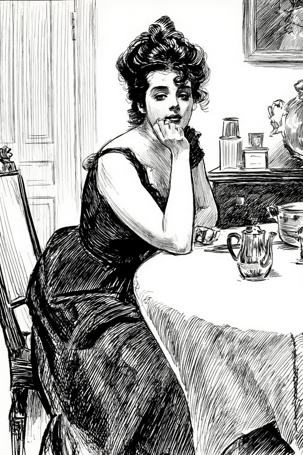 charlesdgibson3z illustration.  
A woman sitting at a table in a dining room. The woman has dark, curly hair styled in an updo with loose tendrils framing her face.
