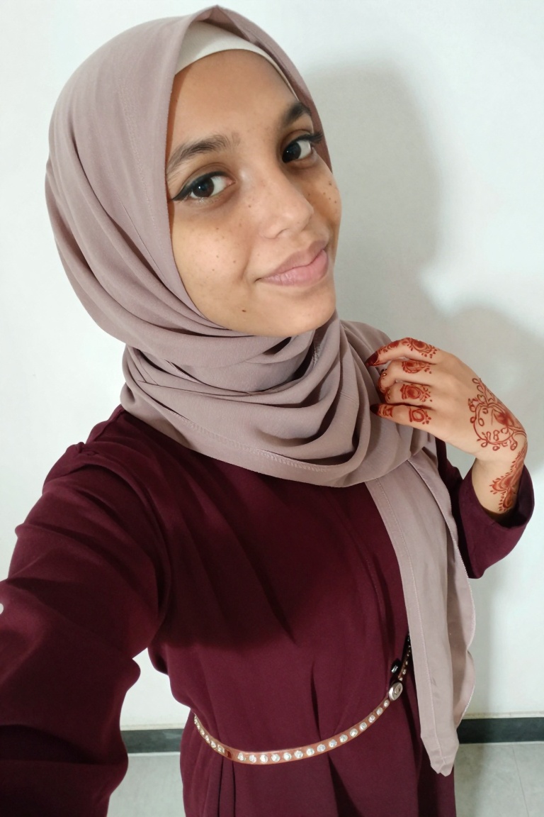 samri_face> An top angle high view selfie shot of a 18 year old slim body medium breast Muslim **** side body poses in an...