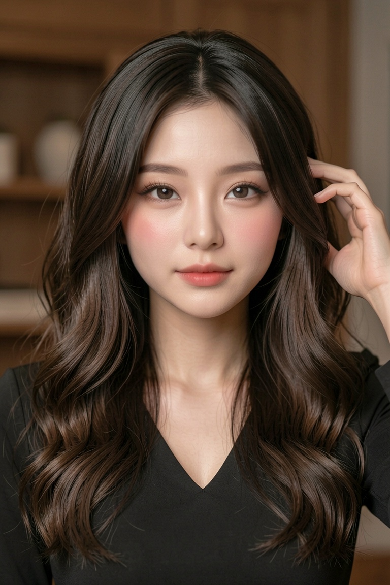 This is a highly realistic digital portrait of an East gigantic breasts Asian woman in her early 20s. She has long,  curly...