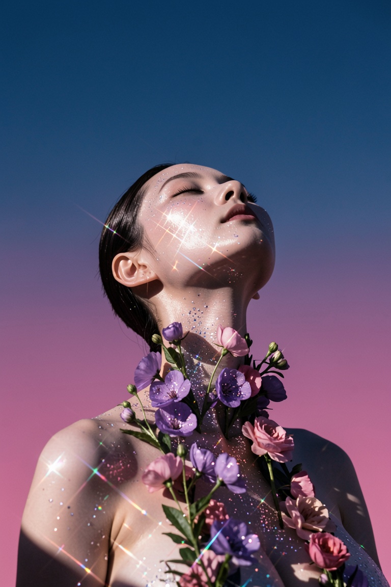 A figure with closed eyes tilts their head upward against a gradient sky shifting from deep blue at the top to magenta nea...