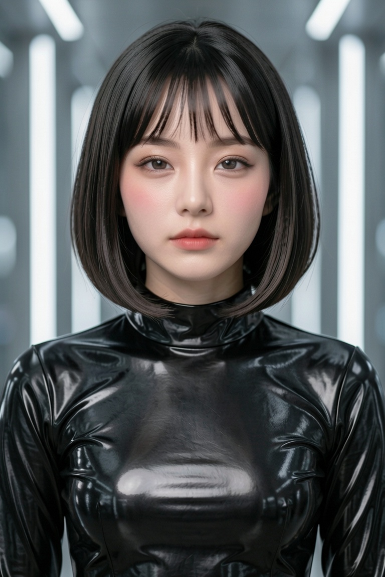 Image is a high-resolution portrait photograph featuring a young woman with a short bob haircut and fair skin. She is wear...