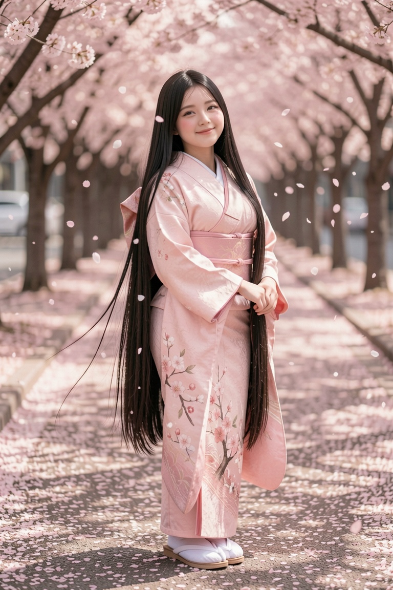 A young Asian female influencer stands in a spring pink romantic scene. "Extremely long black straight hair that hangs dow...