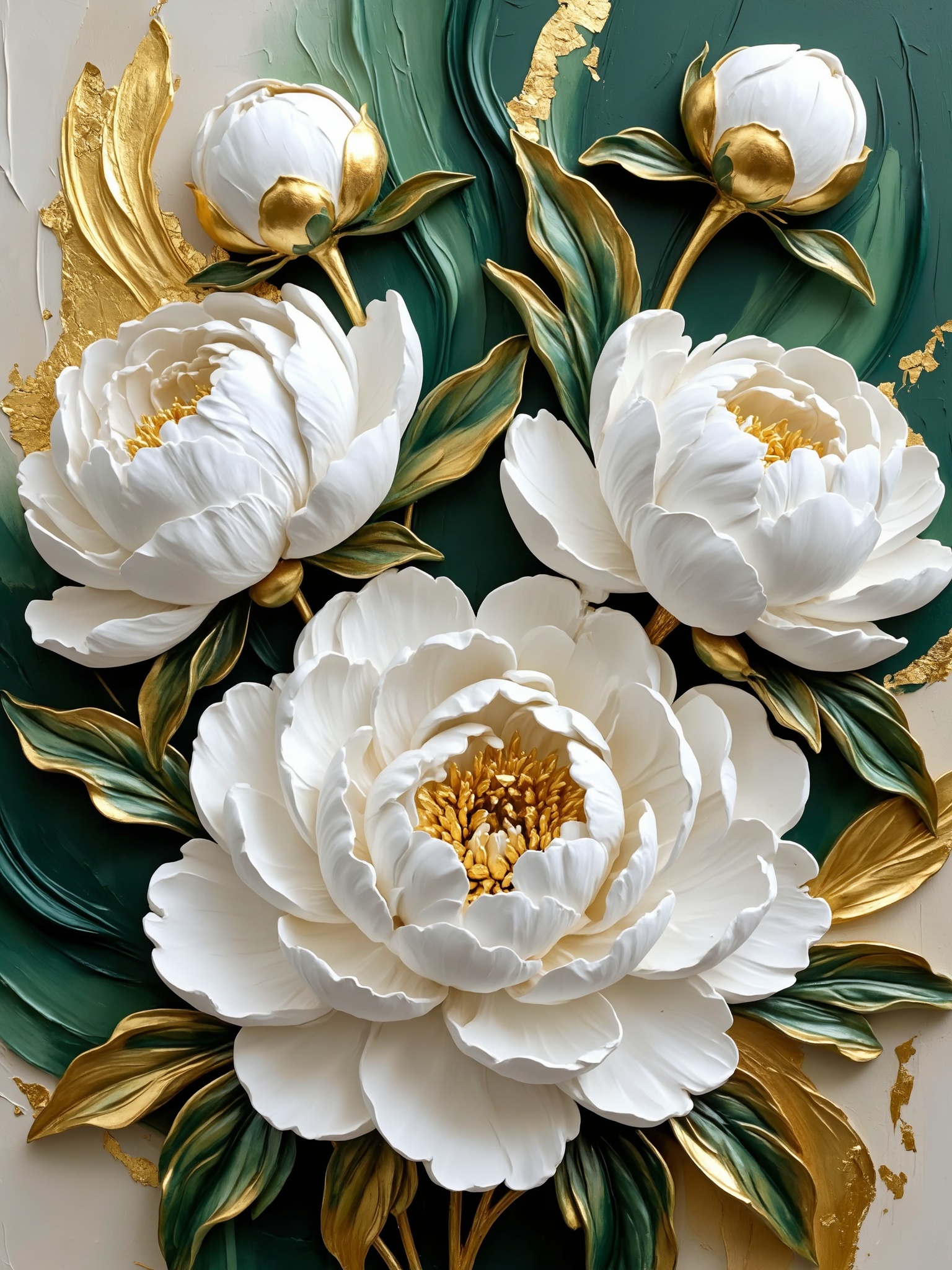 masterpiece, best quality, sculptara style, 3D floral relief artwork utilizes a vertical,  organic layout centered on three large white peonies. The composition follows a rhythmic hierarchy,  with the largest flower anchored at the bottom center to serve as the primary focal point. A sophisticated color system of matte white,  metallic gold,  and deep forest green creates high contrast against a neutral,  textured background. The design intent relies on the physical depth of the impasto technique,  where heavily layered petals generate dynamic shadows and sculptural highlights. Gold leaf accents are strategically integrated into the floral centers and the background to introduce a sense of luxury and warmth. The visual flow is guided by the sweeping,  curved lines of the dark green and gold leaves,  leading the eye upward. The result is a tactile,  atmospheric piece that emphasizes material richness and structural complexity.

