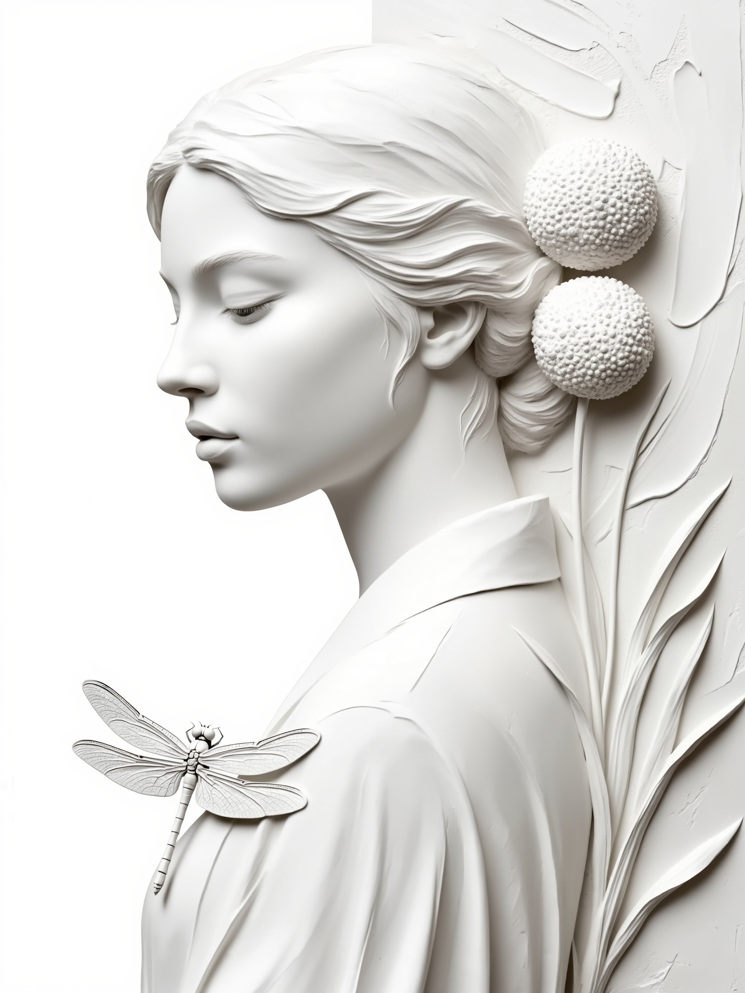 masterpiece, best quality, sculptara style, monochromatic relief sculpture utilizes a vertical layout to present a serene profile as the primary focal point. The design intent emphasizes tactile hierarchy,  contrasting the smooth,  refined surfaces of the woman’s features with the coarse,  stippled texture of spherical seed heads and the expressive palette-knife strokes of the background. A rhythmic balance is achieved through the placement of organic elements—a detailed dragonfly on the shoulder and sweeping blades of grass—which frame the right side of the composition. Relying on a pure white color system,  the piece uses directional light to create deep shadows,  defining three-dimensional form and volume. This sculptural approach transforms the surface into a functional decorative feature,  where material depth and organic visual language create an ethereal,  high-tactile atmosphere.