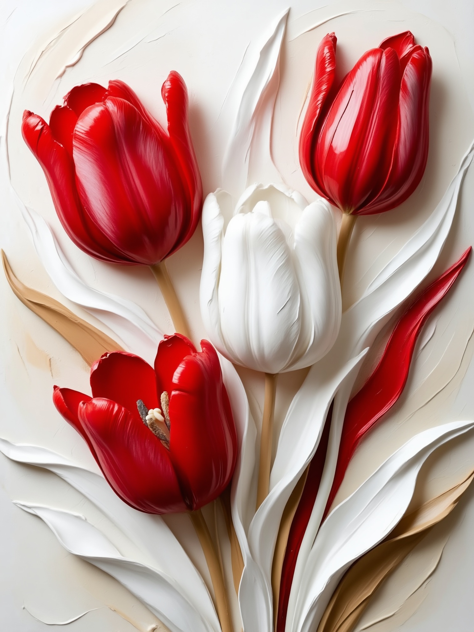 masterpiece, best quality, sculptara style, vertical composition utilizes a high-relief,  impasto aesthetic to create a tactile floral arrangement with a clear hierarchical focus. The layout features three tulips—two vibrant red and one pure white—arranged in a staggered,  dynamic formation that guides the eye diagonally. Thick,  sculpted textures define the petals,  lending a three-dimensional quality that contrasts with the neutral cream background. The color system relies on high chromatic intensity,  with saturated reds popping against the minimalist white and tan accents. Flowing,  ribbon-like strokes of white material represent stylized leaves,  their organic forms introducing a sense of fluid motion. Subtle shadows and highlights on the raised surfaces enhance the depth and materiality of the piece,  resulting in a sophisticated,  contemporary visual language that emphasizes elegant form and textural contrast.

