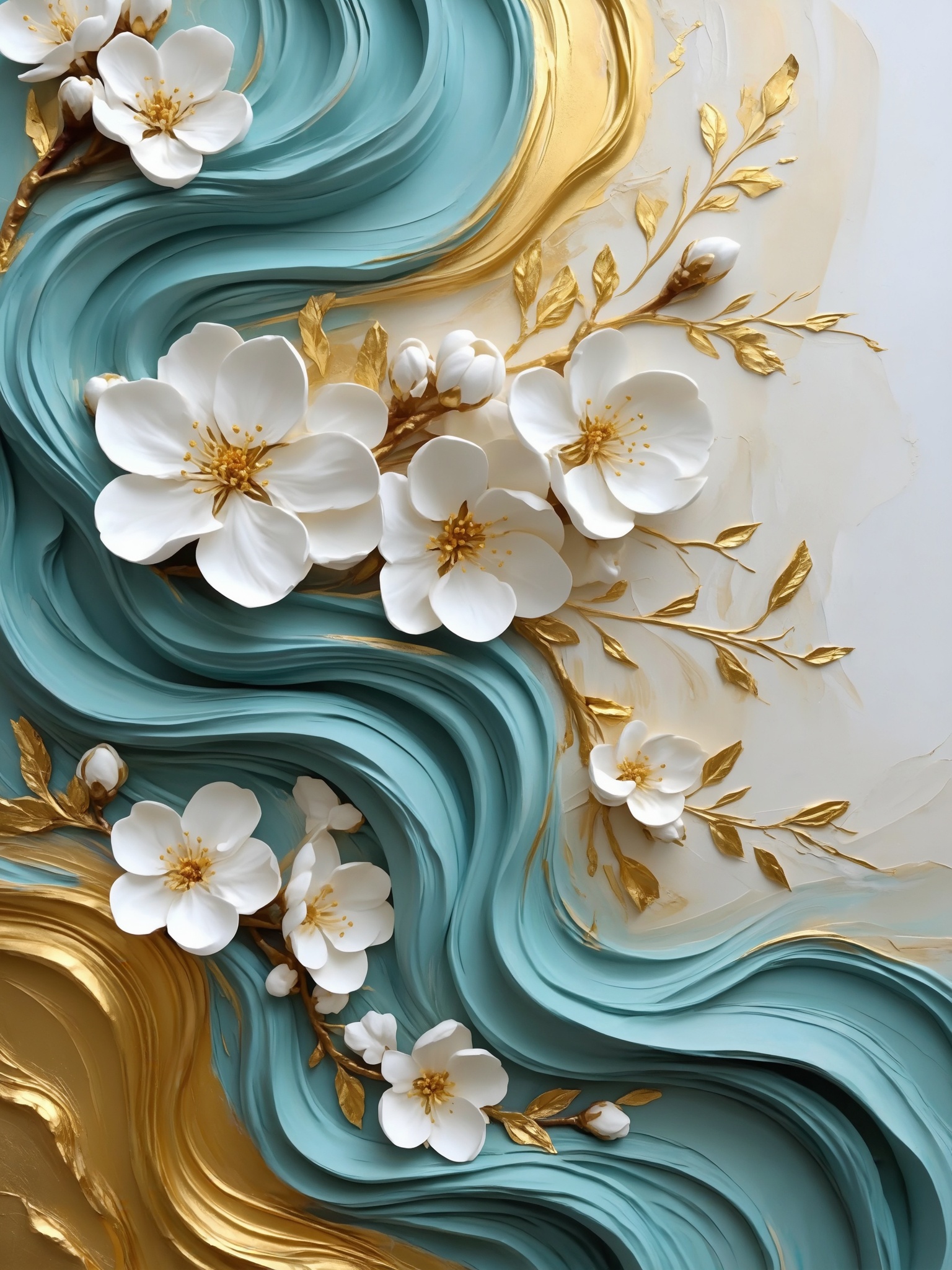 masterpiece, best quality, sculptara style, high-relief composition features a dynamic vertical hierarchy,  anchored by serpentine flows of teal impasto texture that create a sense of fluid movement. The layout employs a sophisticated color system,  contrasting cool,  dusty blues with warm metallic gold accents against a neutral off-white background. Deeply grooved sculptural ridges provide a strong tactile quality,  while pristine white blossoms are strategically placed as focal points to break the linear flow. These delicate floral elements offer a material contrast to the heavy,  gestural paint strokes,  creating a balanced visual rhythm. The design emphasizes organic growth through the interplay of structured,  wave-like currents and branching gold leafing,  resulting in an ethereal atmosphere that balances dense texture with open negative space. Overall,  the piece demonstrates a masterful use of depth and light-reflective surfaces to guide the viewer’s eye.
