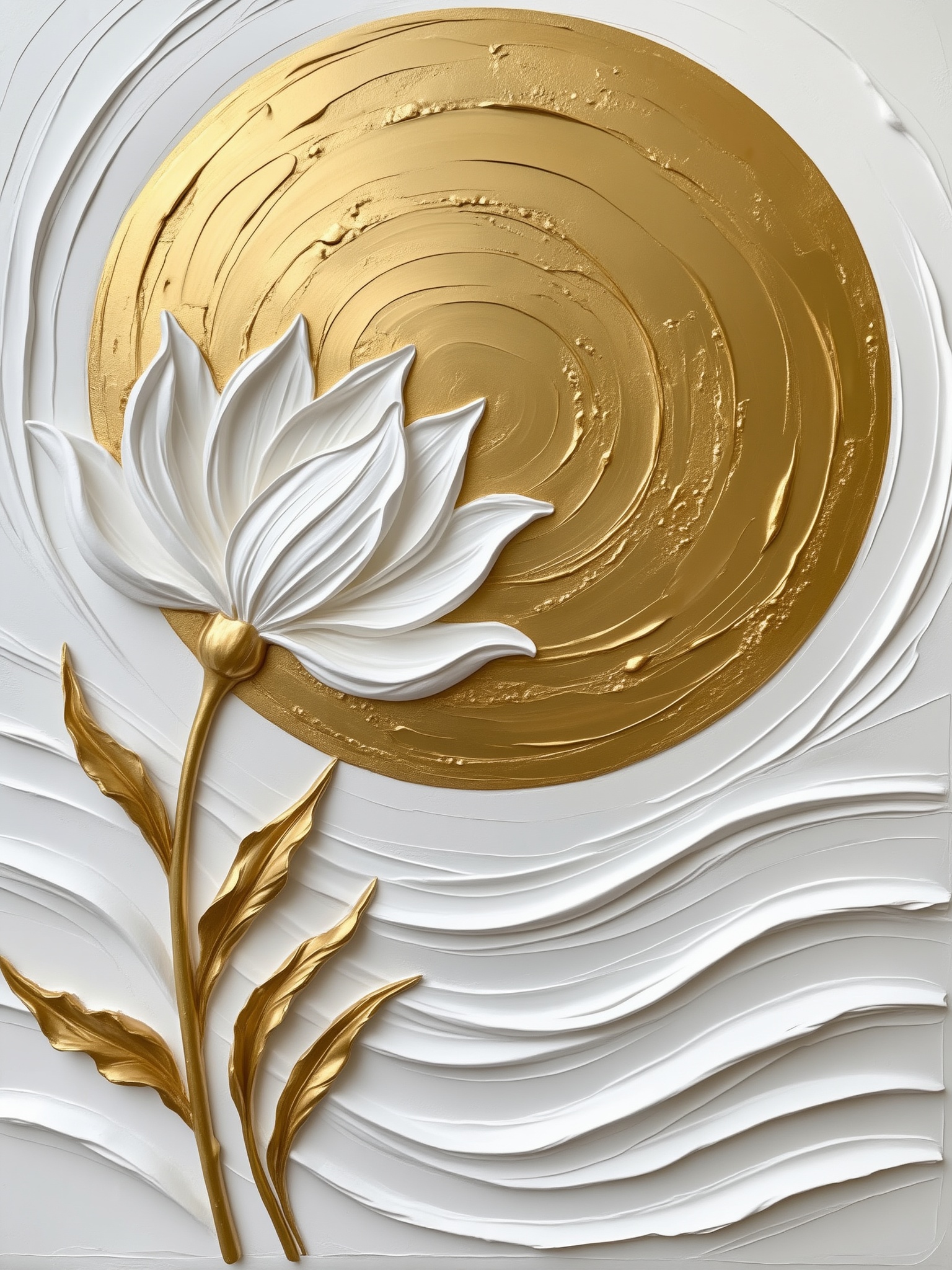 masterpiece, best quality, sculptara style, minimalist textured artwork utilizes a vertical composition centered on a large,  metallic gold circular form that serves as a celestial backdrop. The piece achieves a high degree of tactile depth through heavy impasto techniques,  creating a dynamic relief surface. A stylized white flower acts as the primary focal point,  its petals layered with thick,  sculpted medium to cast subtle shadows that enhance its dimensionality. The color system is strictly limited to a sophisticated palette of crisp white and radiant gold,  producing a high-contrast aesthetic. Rhythmic,  undulating horizontal ridges in the background establish a sense of movement,  contrasting with the more rugged,  pitted texture within the golden sphere. The overall design intent emphasizes material honesty and organic elegance,  resulting in a serene,  sculptural atmosphere through the interplay of light and physical shadow.


