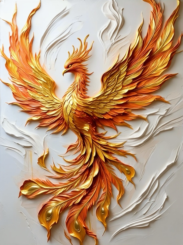 masterpiece, best quality, sculptara style, majestic phoenix formed from sculpted paint flames, bas-relief artwork carved in thick impasto layers, sweeping feather textures emerging from the wall, molten gold highlights, elegant plaster background, luxury sculptural painting, dramatic studio lighting emphasizing depth