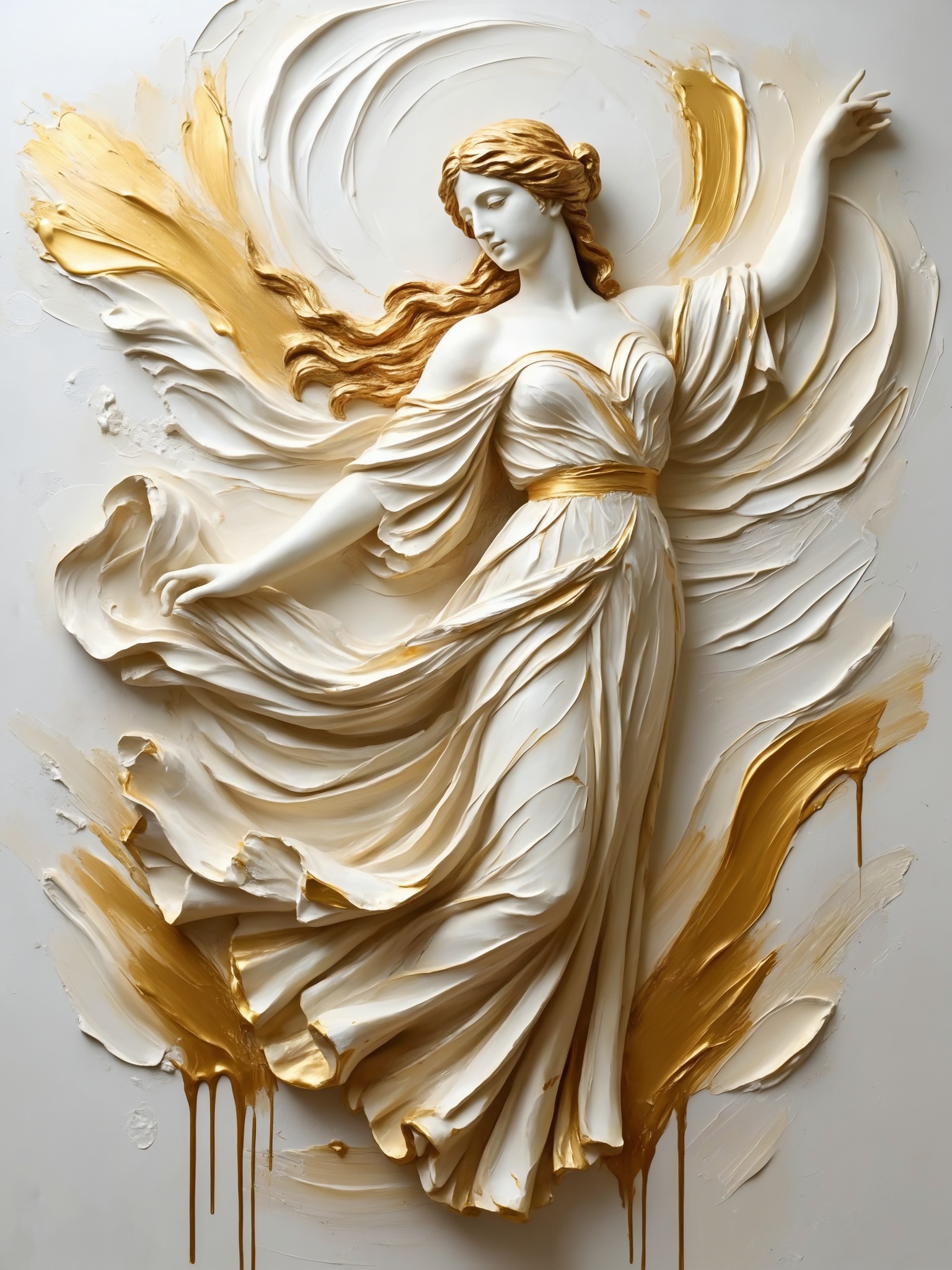 masterpiece, best quality, sculptara style, graceful goddess figure emerging from sculpted paint waves, flowing dress carved in thick impasto strokes, bas-relief painting sculpture hybrid, elegant ivory plaster surface, liquid gold accents dripping from brushstrokes, museum-quality decorative wall art, ultra detailed textures, dramatic lighting revealing sculptural depth